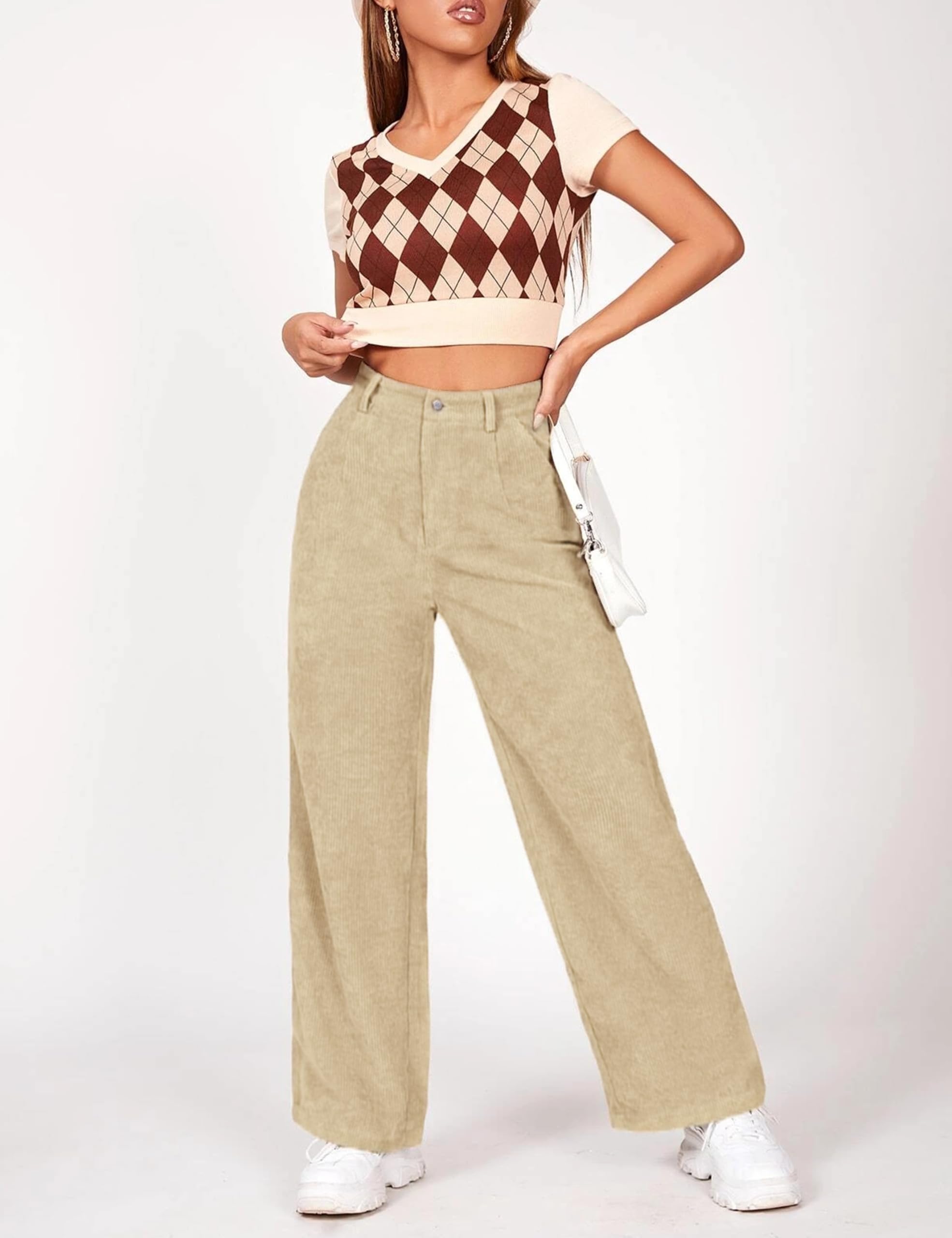 Himosyber Corduroy Pants for Women Casual Elastic High Waist Stretchy Wide Leg Pants Loose Fit Comfy Trousers with Pockets