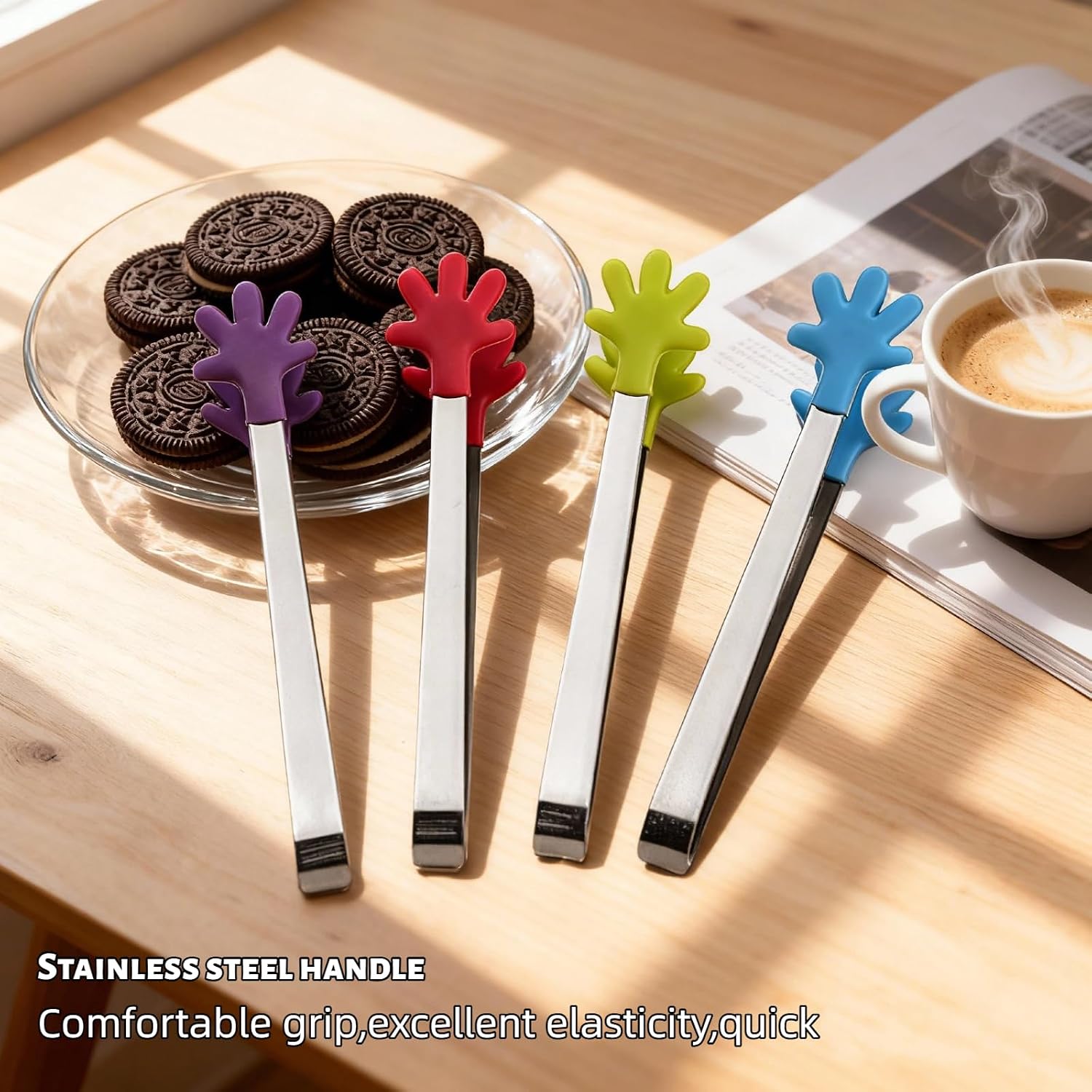 4PCS Silicone Mini Tongs, 5 Inch Colourful Small Hand Shape Metal Food Tongs, Kitchen Tool for Serving Food, Ice Cube, Fruits, Sugar, Barbecue, Desserts，Great for Party, Buffet