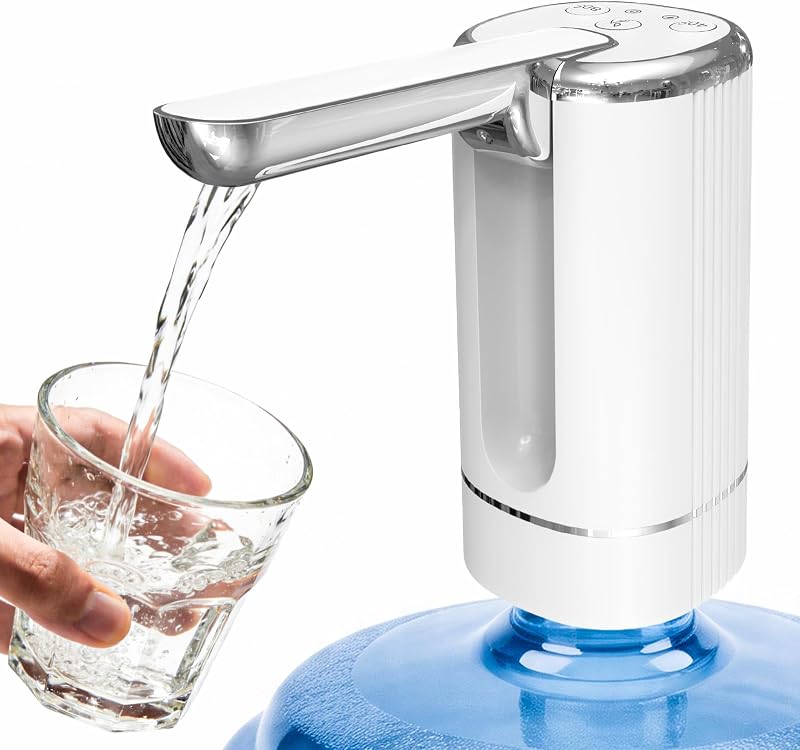 Water Dispenser Pump for 5 Gallon Water Bottles, USB Type-C Rechargeable with 1200mAh Battery, Foldable Spout, One-Touch Control (40s/80s), Powerful Suction for Home, Office, Camping - White