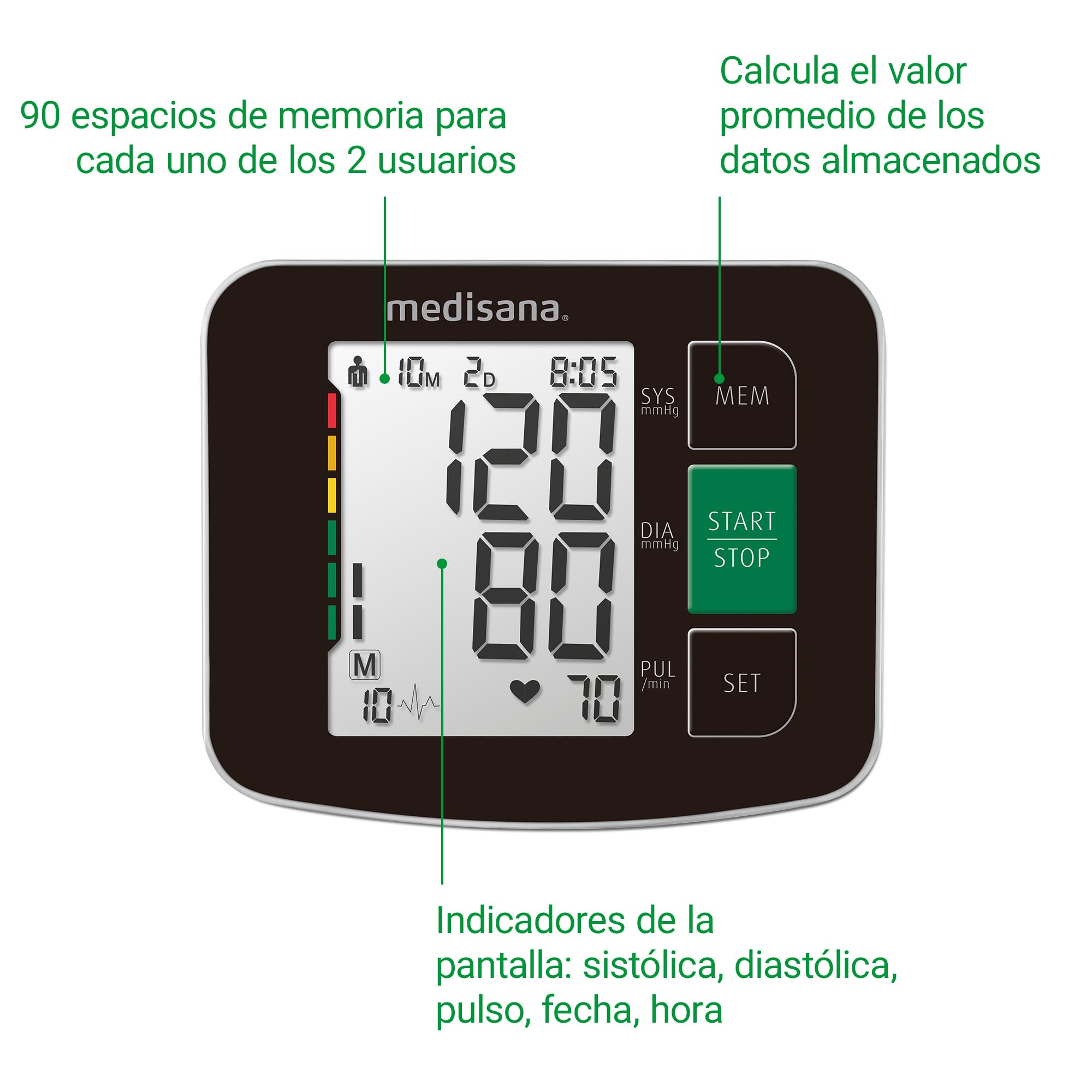 Medisana BU 516 Tensiómetro de brazo, medición precisa de la presión arterial y el pulso con función de memoria, escala de semáforo, función de visualización de latidos irregulares, Color Negro
