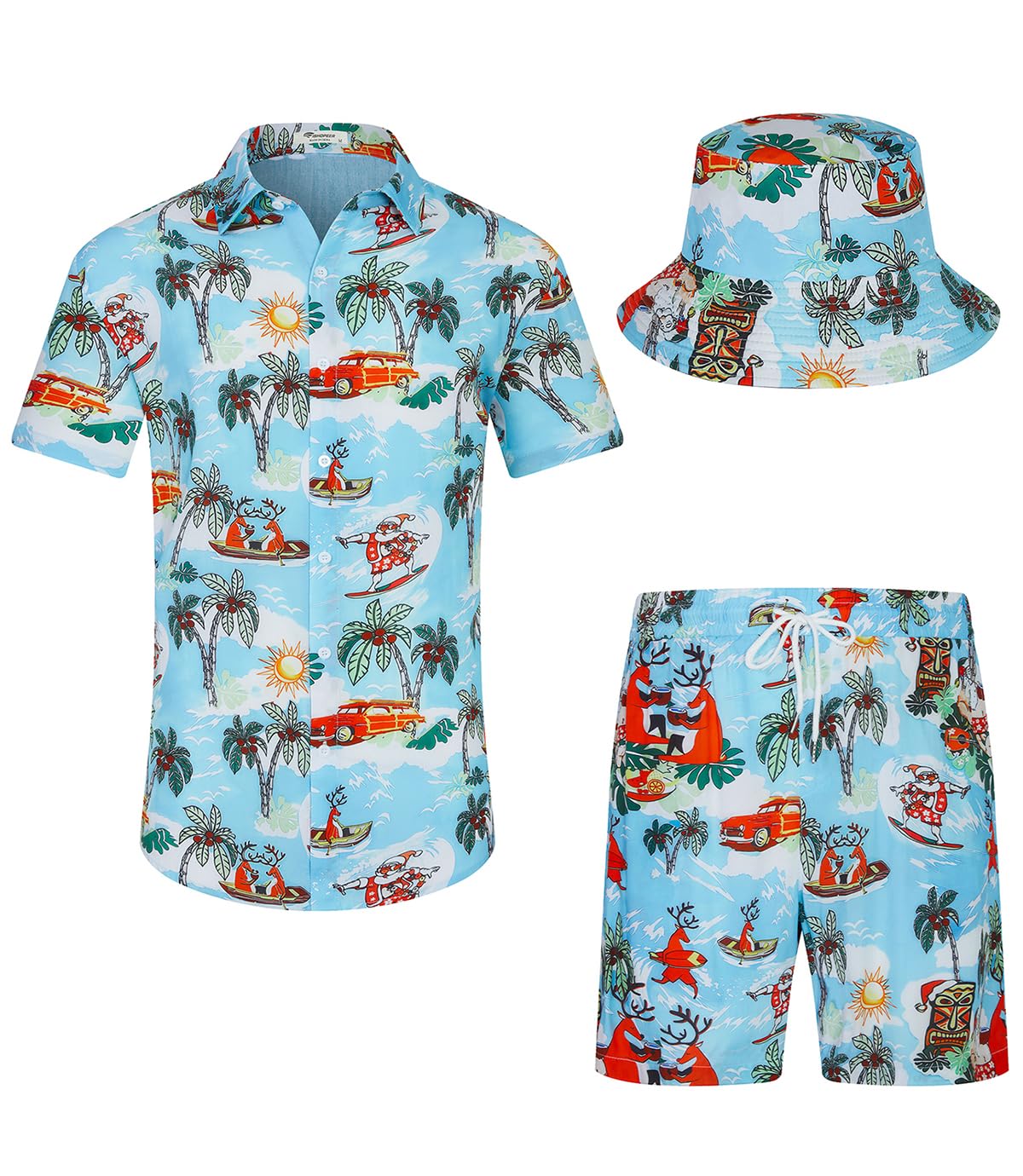 SPKPKEY Hawaii-Hemd und Shorts für Herren 2-teilig, Lässig Button-Down-Shirts Sommer Strand Outfits mit Hüten