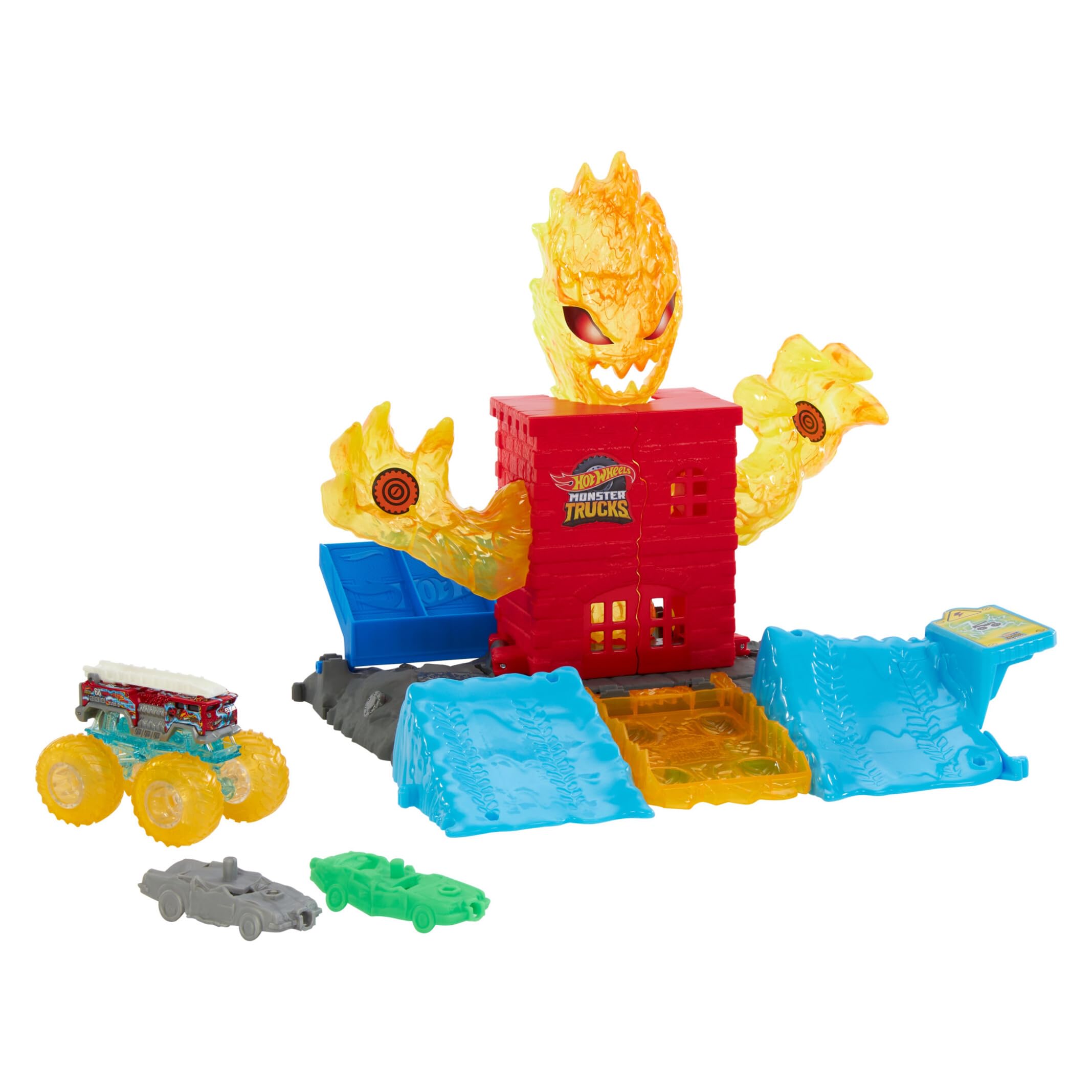 Hot Wheels Monster Trucks Power Smashers Torre de antorchas, Pista para Coches de Juguete con vehículo de Bomberos Five Alarm y 2 Coches aplastables, Regalo para niños y niñas +4 años, HTP39