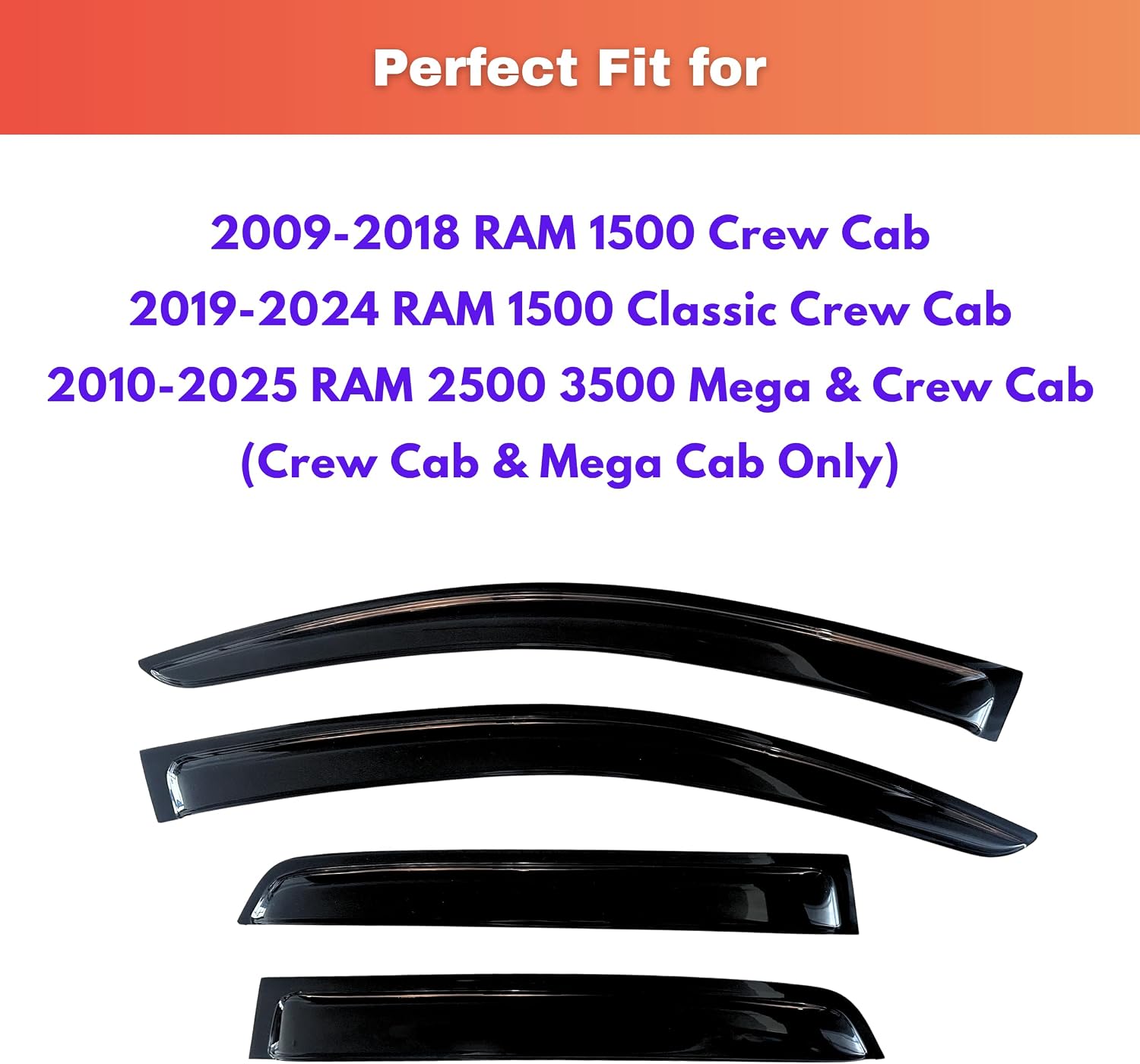 KPY Rain Guards Fit for 2009-2018 RAM 1500 Crew Cab, Out-Channel Window Visors Vent Deflectors 4PC, Truck Accessories for 2019-2024 RAM 1500 Classic, 2010-2025 RAM 2500 3500 (Mega & Crew Cab)