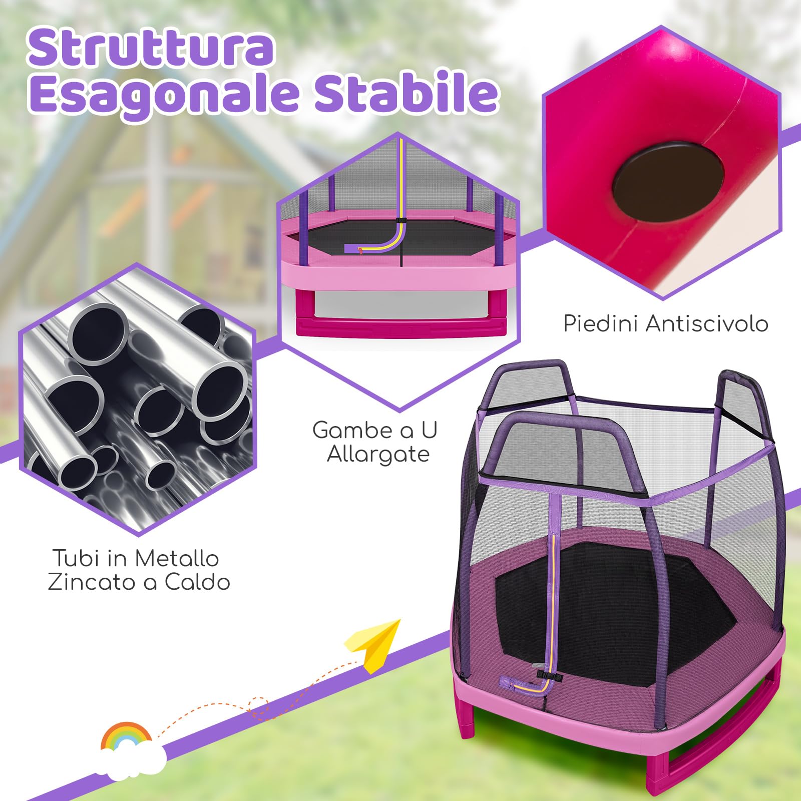 COSTWAY Trampolino Elastico per Bambini 223 cm, Tappeto Elastico per Bambini da Esterno ed Interno con Rete e Cuscinetto a Molle, Portata150 kg, Adatto ai Bambini 3+ Anni