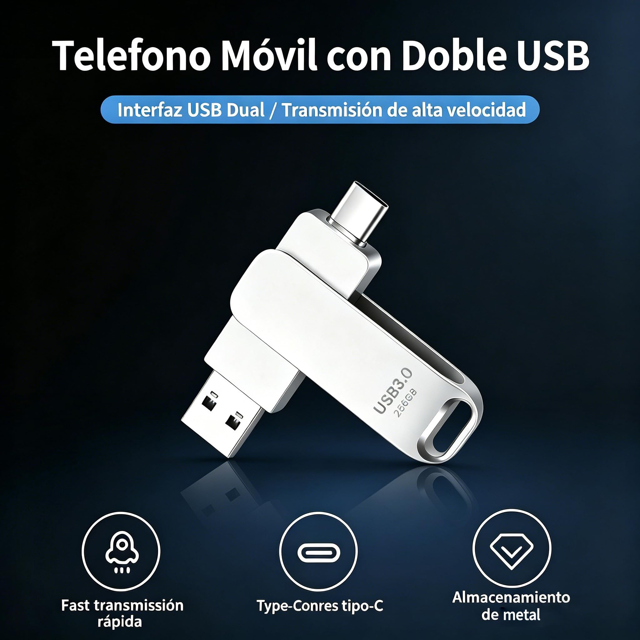 Memoria USB C 3.0 de 256GB, Dual Drive Pendrive Tipo C y USB OTG 2 en 1 Portátil Impermeable Dual Pen Drive USB C Metal Alta Capacidad Memory Stick para iOS Smartphones,Android, PC, Tabletas-USB (M) — view 5