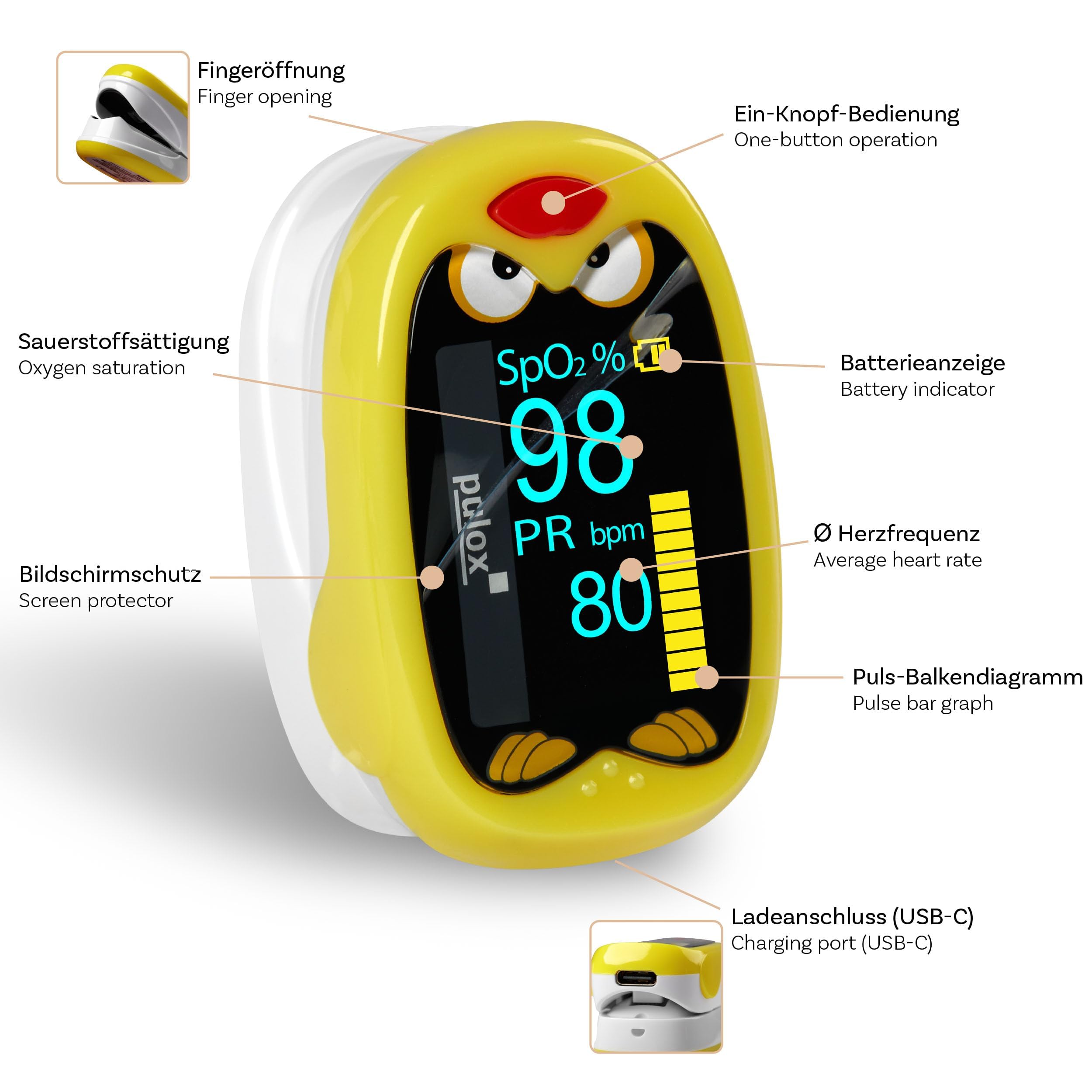 Pulox PO-210B Kinderpulsoximeter akkubetrieben mit Alarm | Finger-Pulsoximeter für Kinder und Kleinkinder, wiederaufladbar mit akustischer Warnfunktion