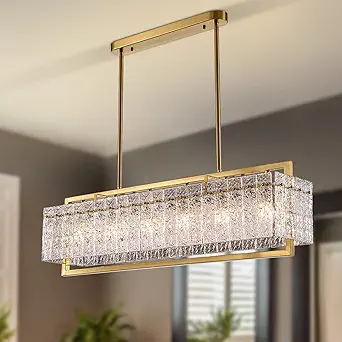Moooni Luxury Rectangle Crystal Chandelier Modern Rectangular Led Pendant Lighting Gold Hanging Light Fixture for Dining Room Kitchen Island L40 inx W 10 inx H12 in-6 Lights, MO-8826