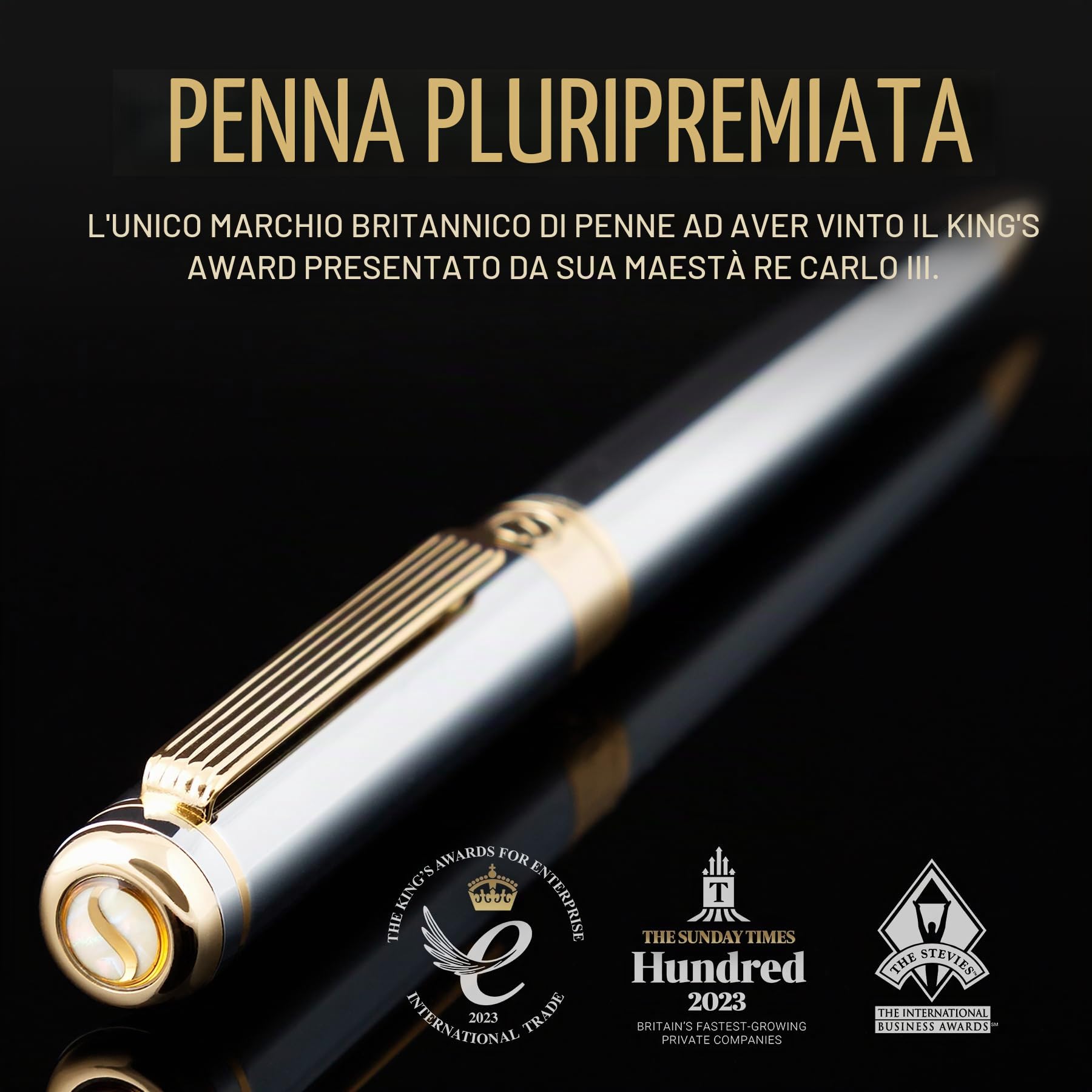 Scriveiner Pen, Splendida Penna a Sfera Cromata Silver, Finitura Placcato in Vero Oro, Refill Inchiostro Nero, Penne Eleganti, Professionali, da Ufficio, Idee Regalo per Lui e per Lei