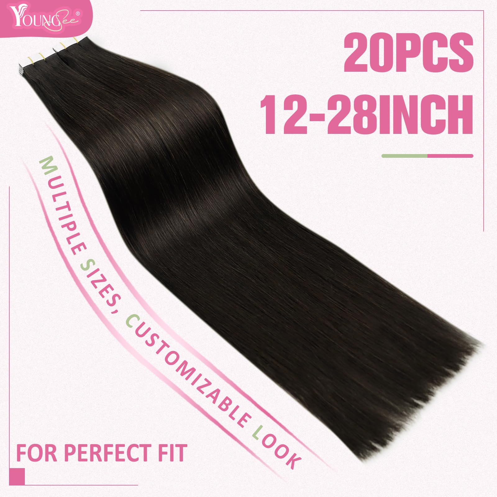 YoungSee Tape in Hair Extensions Dark Brown Tape in Natural Hair Extensions Brown Tape Extensions Human Hair Darkest Brown Real Human Hair Tape in Extensions for Women 22in 20pcs 50g — view 3