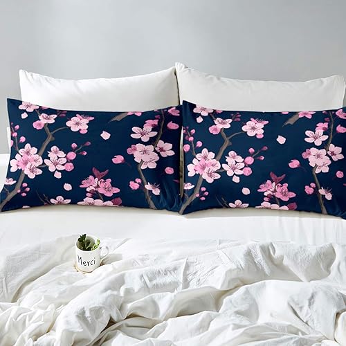 Miniatura 3 de Erosebridal Juego de ropa de cama con diseño de flores de cerezo japonés para niña, funda de edredón con flores rosas, ramas, plantas, flores, funda