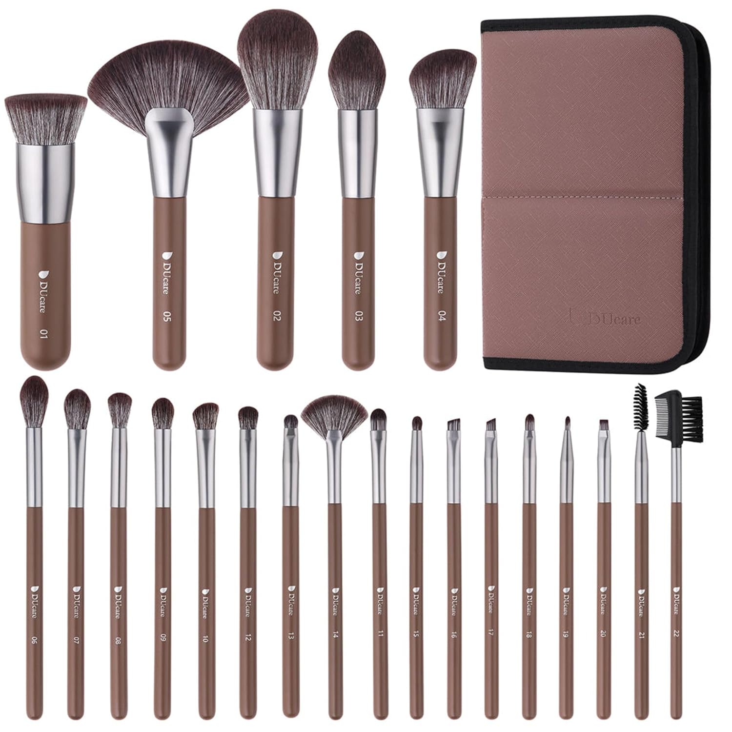 DUcare Professional Makeup Brush Set 22Pcs with Travel Case Synthetic Kabuki Foundation Brush, Face Powder Brush, Blush Brush, Concealer Brush, Eyeshadow Brushes Brown