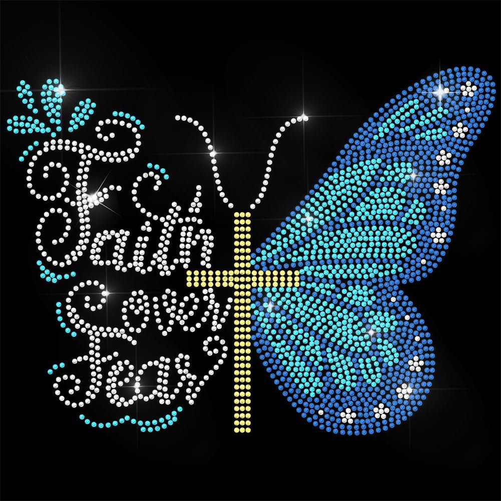 ANATTASOUL Blue Rhinestone Iron on Transfer Butterfly and Cross Bling Diamond Hotfix Patches for Clothes, 11.6"x8.2" Large Iron On Sequin Applique for Jeans Jacket Caps Bag T-Shirts Shoes DIY Decor