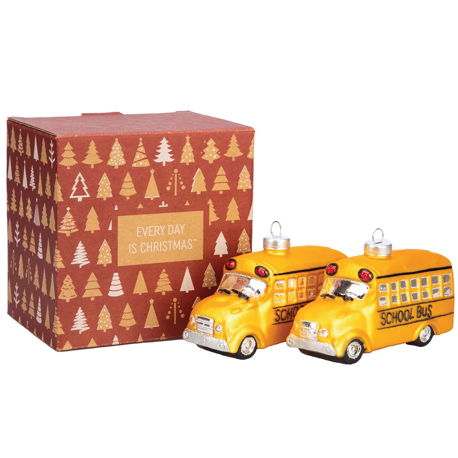 Every Day is Christmas Glass Blown Ornaments Cute Hand Made Figurines Tree Decoration, Set of 2 pcs School Bus