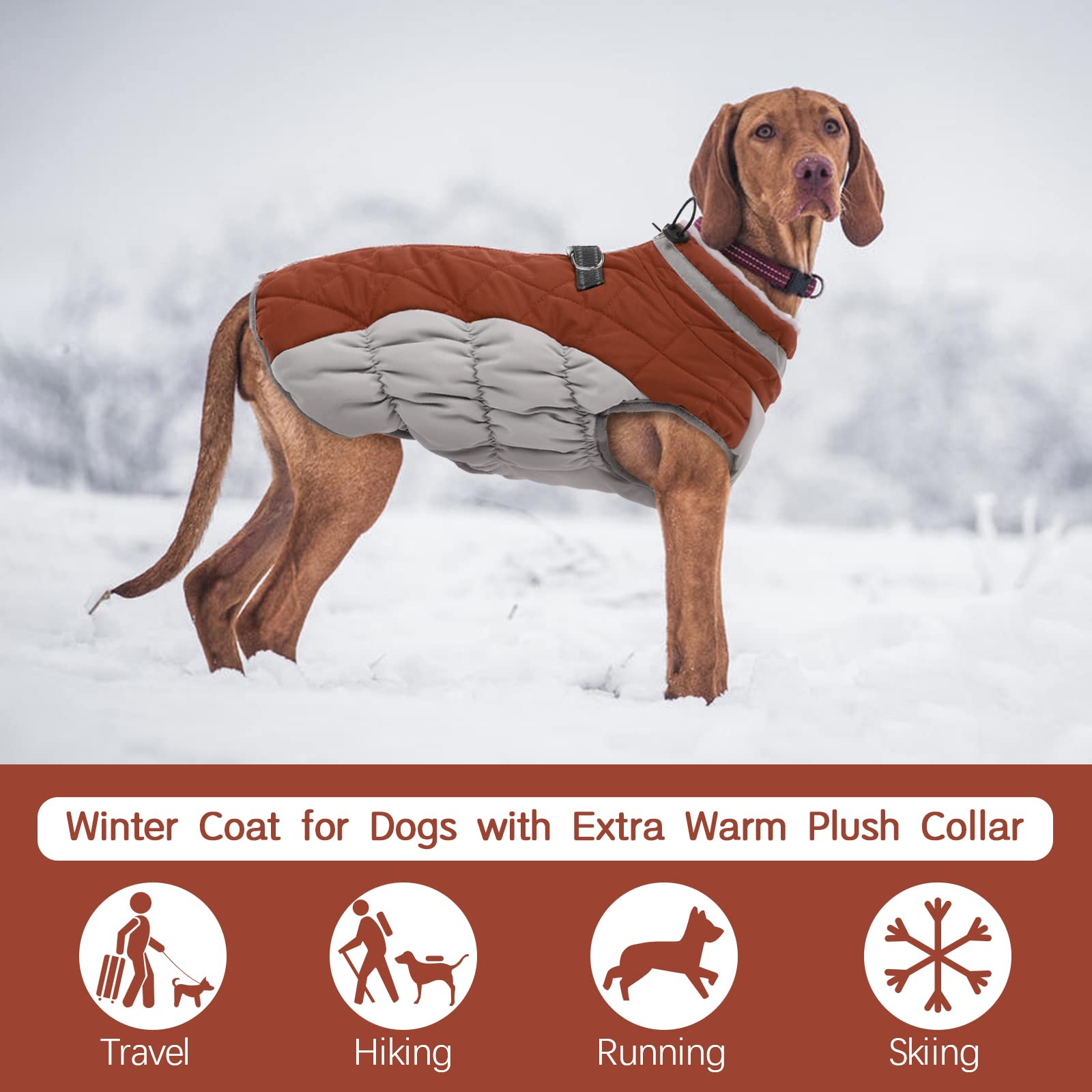 FUAMEY Cappotto per cani, calda giacca invernale con pile imbottito, riflettente, impermeabile e antivento, imbracatura integrata, marrone, XL