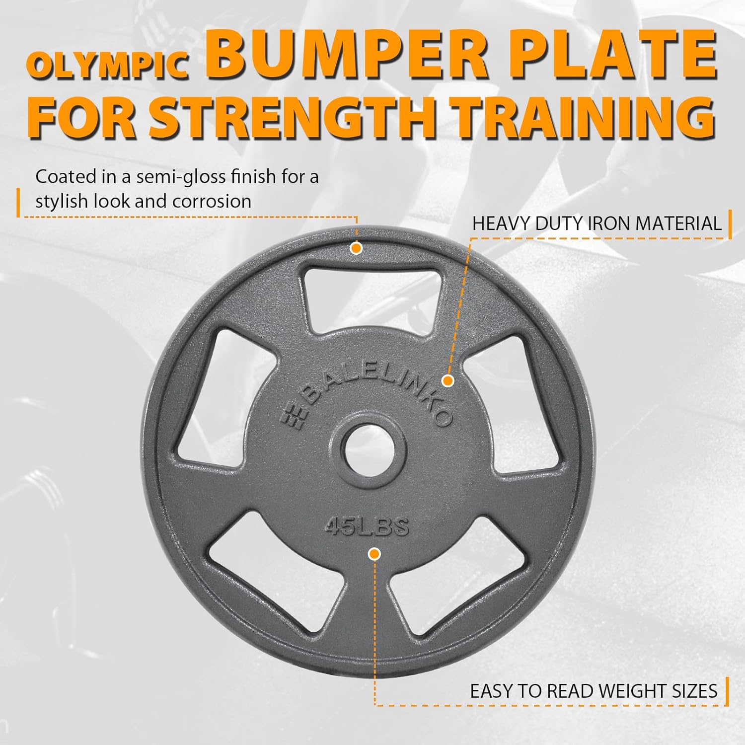 Balelinko Cast Iron 2-Inch Olympic Grip Plate Weight Plate for Strength Training, Weightlifting and Crossfit in Single, 45LB, Gray