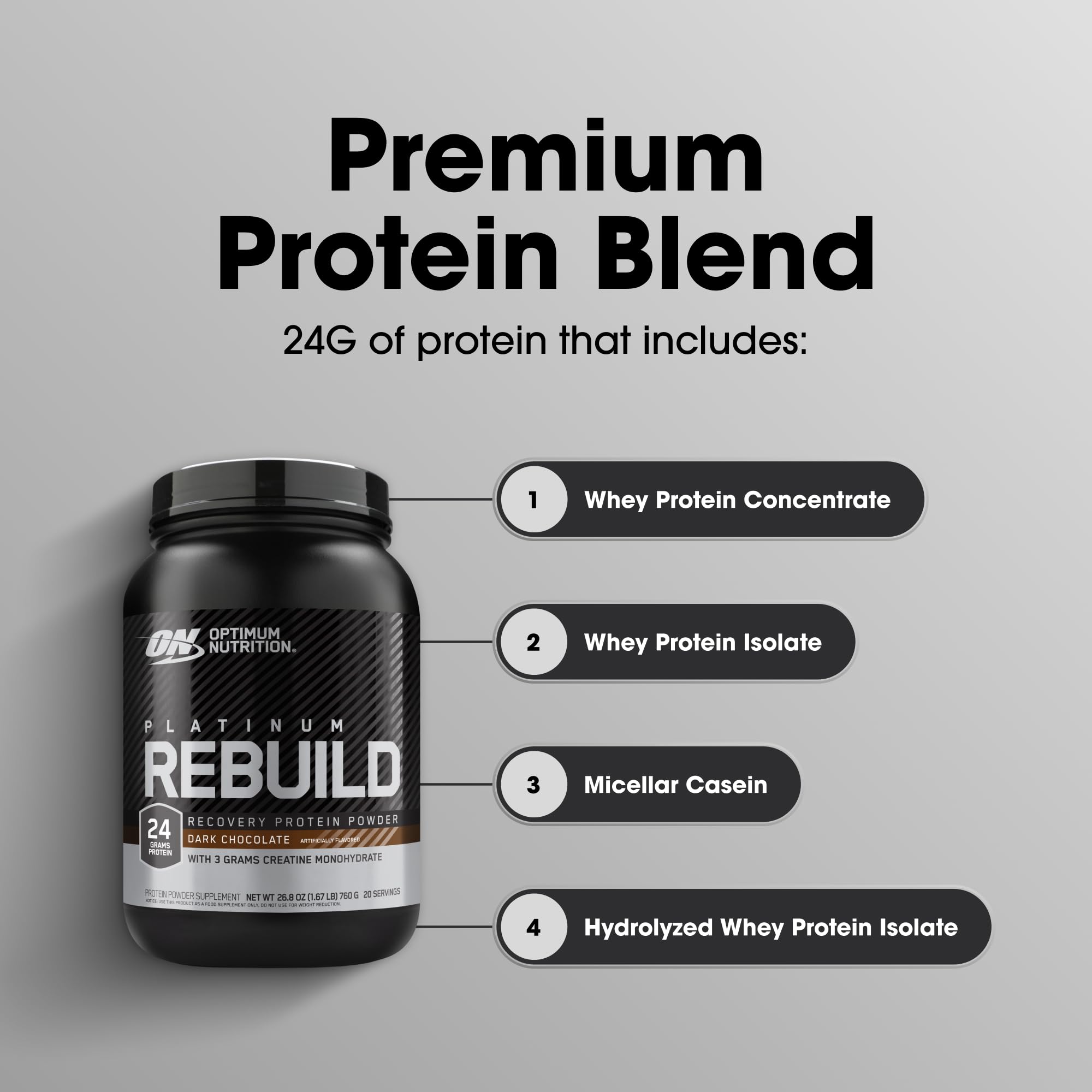 Optimum Nutrition Platinum Rebuild, Premium Platinum Blend Protein Powder with Creatine Monohydrate, Dark Chocolate, 20 Servings