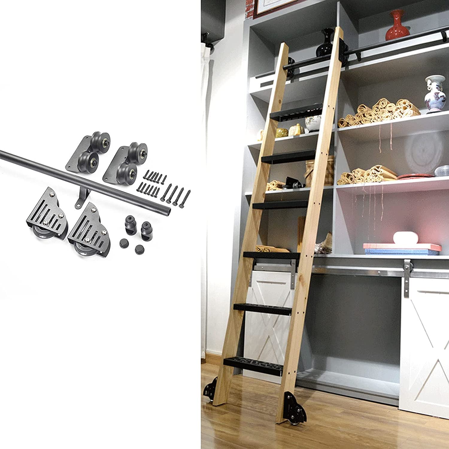 Échelle coulissante de bibliothèque avec kit de quincaillerie pour optimiser l'espace du salon