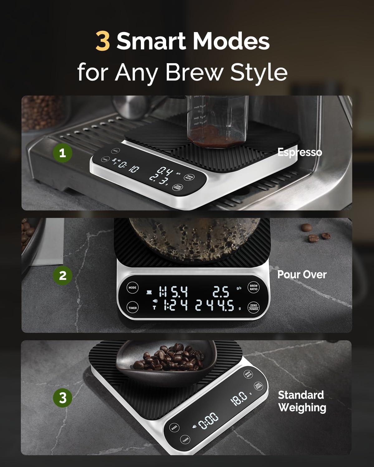 Maestri House S3 Balance à café avec minuteur, 3 kg/0,1 g, balance numérique rechargeable, 3 modes d'infusion, rapports réglables et affichage du débit, qualité barista pour verser, expresso
