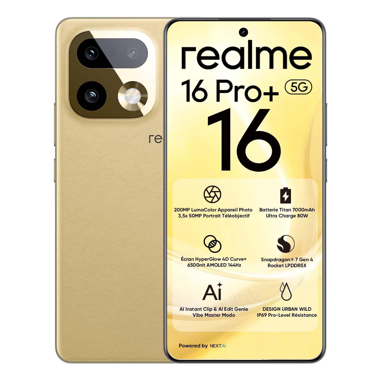 realme 16 Pro+ 5G Smartphone 12Go + 512Go, Caméra LumaColor 200MP + 50MP, Téléphones Portables Débloqués Snapdragon® 7 Gen 4, Batterie 7000mAh avec Charge Rapide 80W, 6,8" 144Hz AMOLED Écran, Or