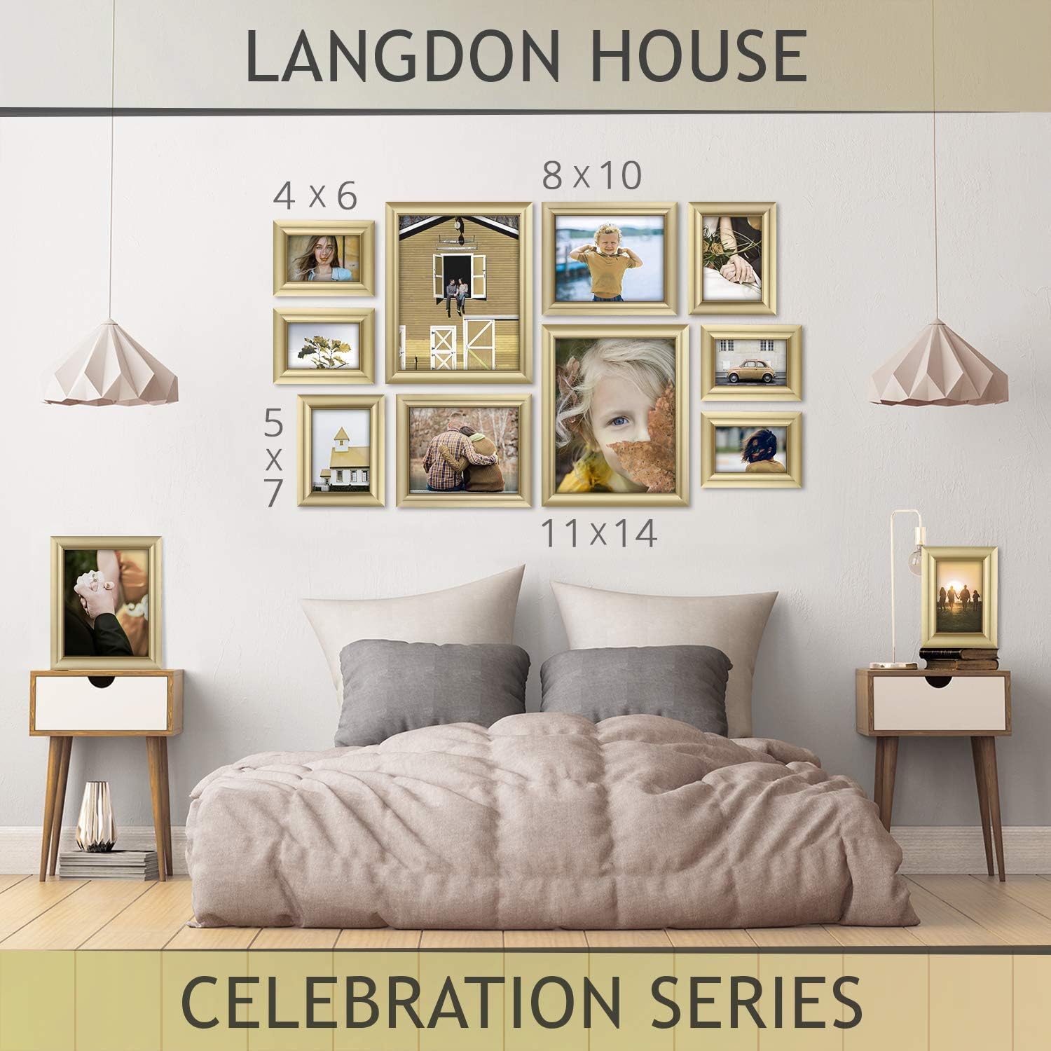 Langdon House 11x14 Picture Frames (Gold, 3 Pack), Contemporary Glam Photo Frames 11 x 14, Wall Mount or Table Top, Celebration Collection