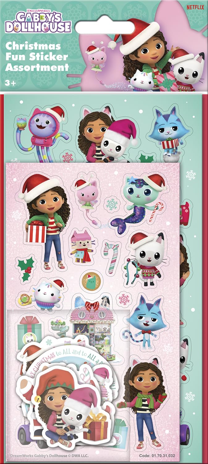 Gabby’s Dollhouse Christmas Assortment Pack of Stickers, Three Types of Stickers, 50+ Stickers in Total, Great Stocking Filler and Christmas Gifts, Stickers are reuseable on non-porous surfaces, Age3+