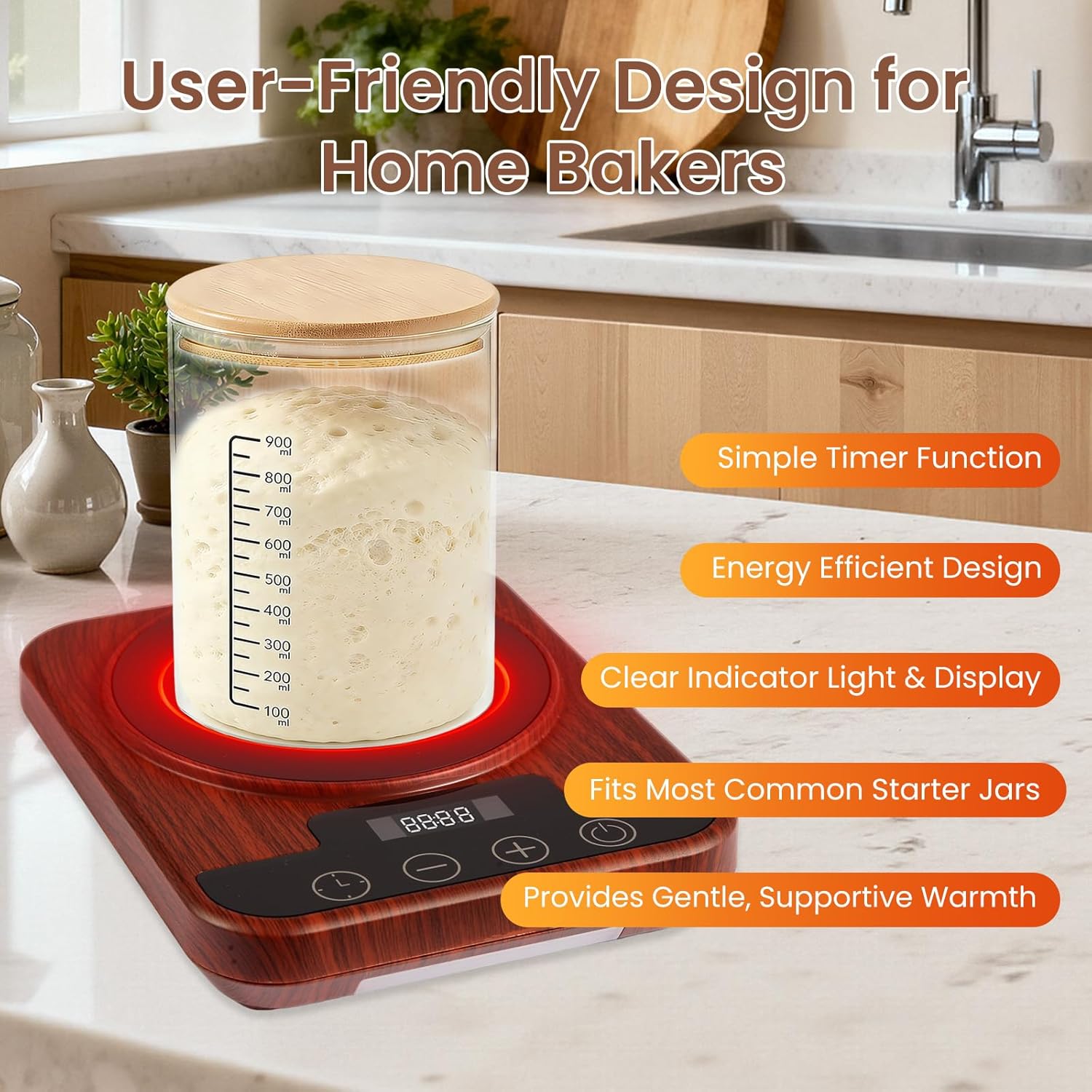 Sourdough Starter Warmer Mat, 1°F Thermostat Control 70–100°F, 12H Timer Heating Mat for Sourdough Starter and Dough Proofing, Fits Mason Jars Up to 40oz, Wood Grain