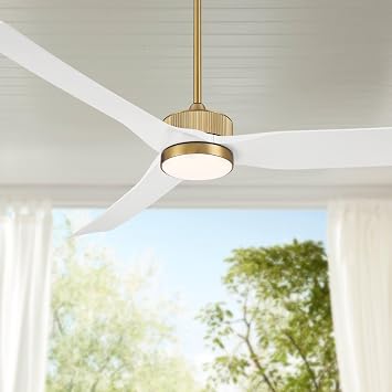 Casa Vieja 60" Montage Modern Indoor Outdoor Ceiling Fan 3 Blade LED Light Remote Control Soft Brass Finish White Blades Bedroom Patio Living Room Damp Rated Decorative DC Motor - 6" Downrod
