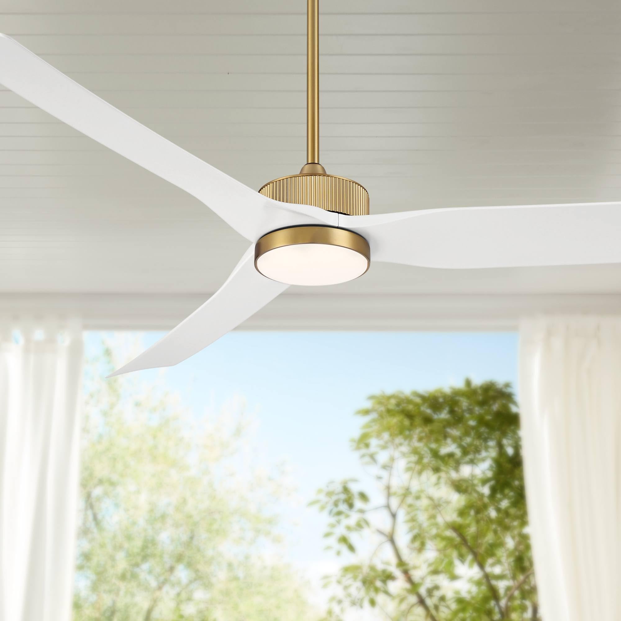 Casa Vieja 60" Montage Modern Indoor Outdoor Ceiling Fan 3 Blade LED Light Remote Control Soft Brass Finish White Blades Bedroom Patio Living Room