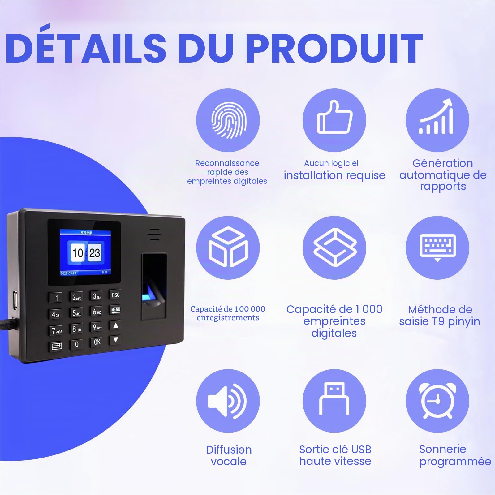 Pointeuse Empreinte Digitale, Badgeuse Autonome avec Code PIN pour PME, sans Abonnement/Logiciel/Connexion WiFi - Export Excel par Clé USB - Gestion des Présences