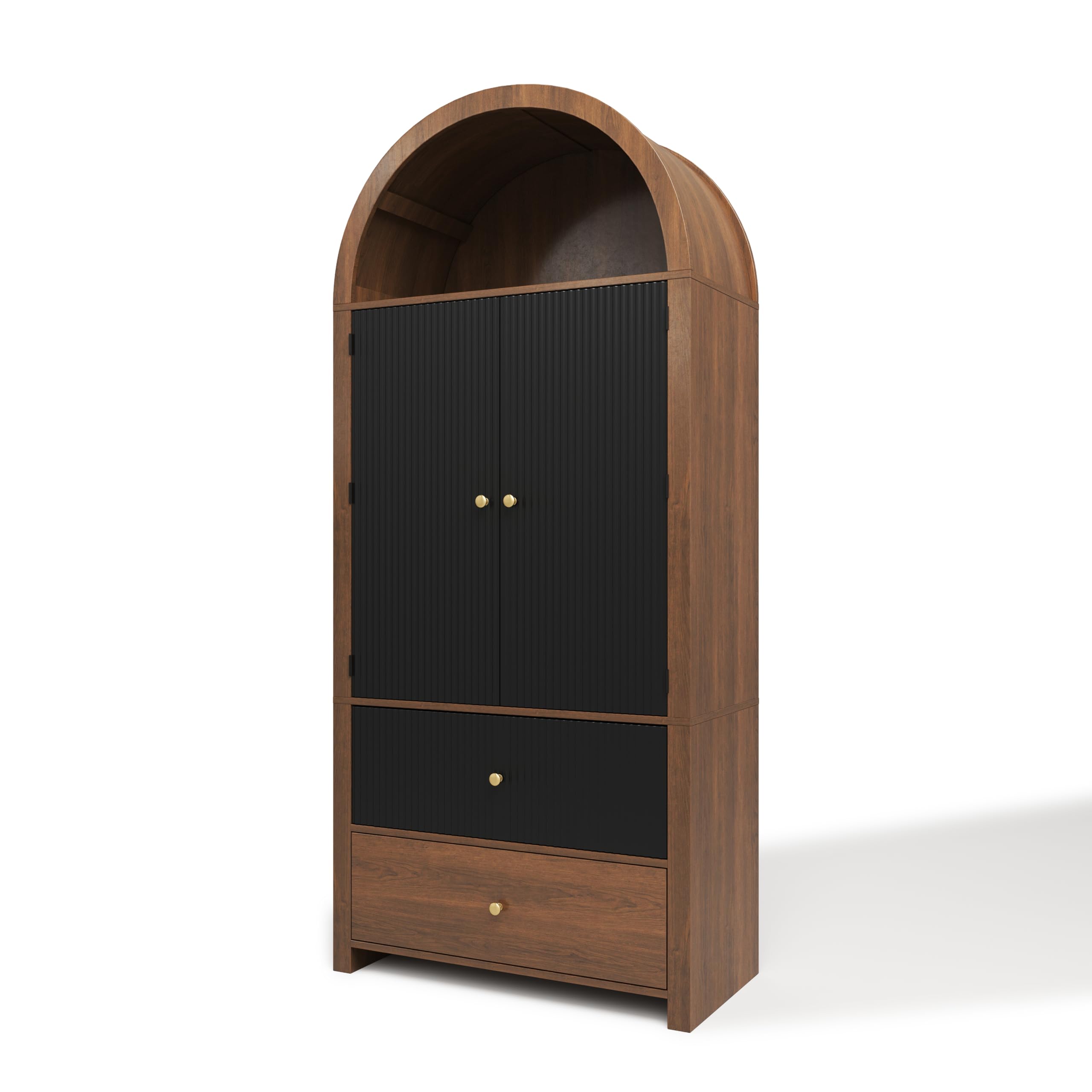 Armario arqueado 180 × 80 × 40 cm, vitrina, armario para vino, con estantes para puerta, compartimento superior abierto, 2 cajones, para cocina, comedor, salón, dormitorio, aspecto de nogal