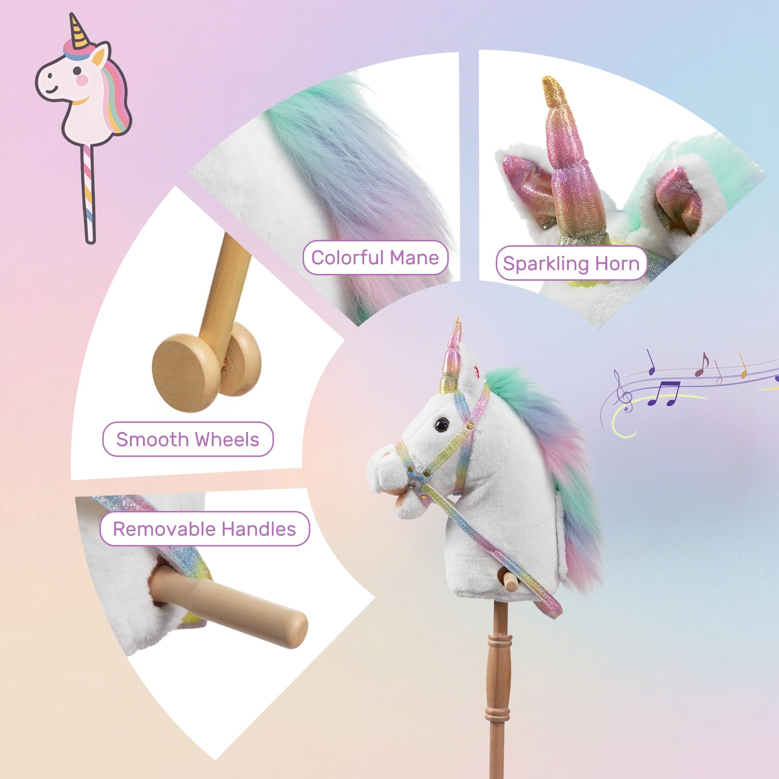 HollyHOME Cavallo a bastone con ruote in legno, vero pony che si avvicina e galoppa, unicorno hobby cavallo con briglia arcobaleno glitterato, bianco 91,2 cm (batterie AA richieste)
