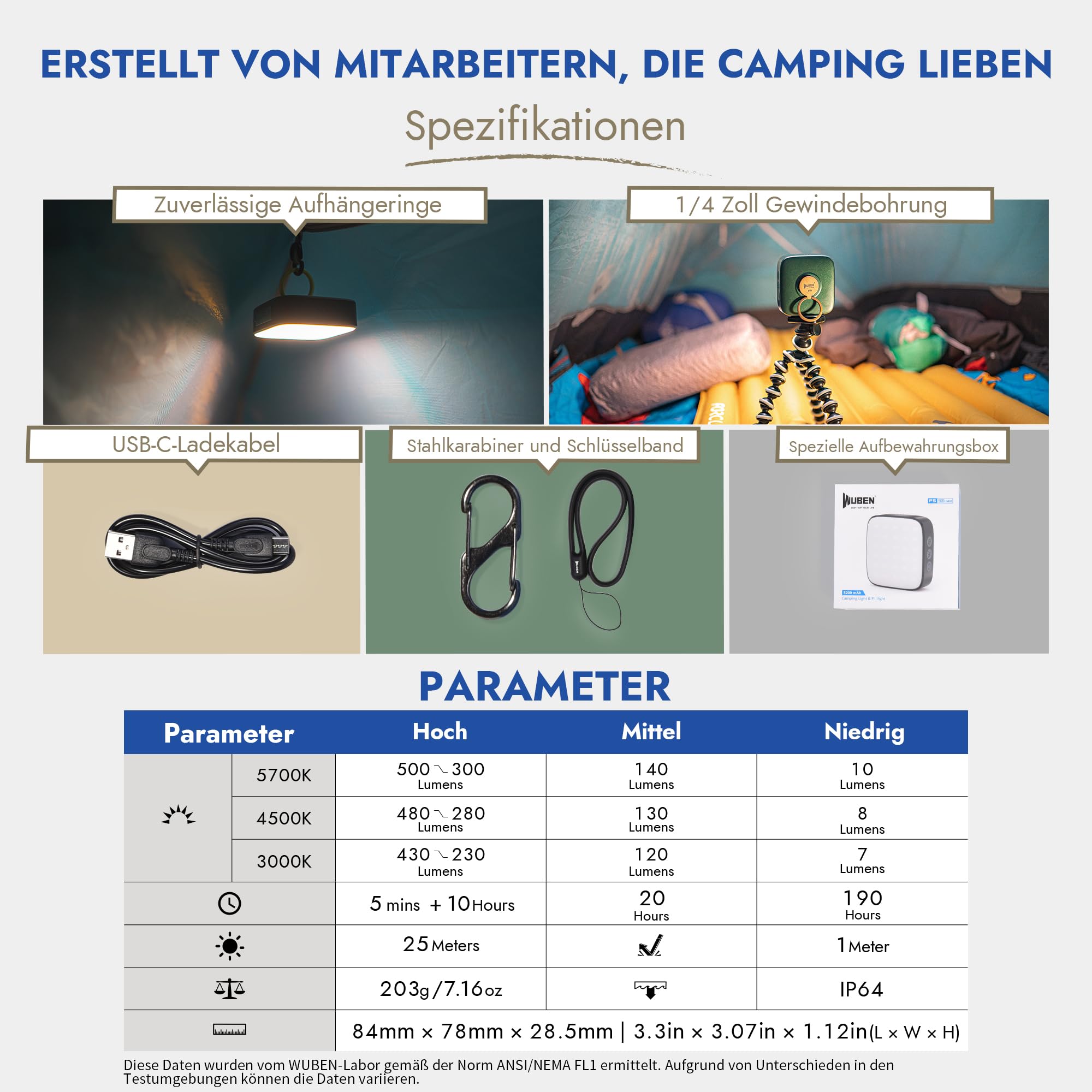 WUBEN F5 Campinglampe Aufladbar, 500 Lumen LED Campinglampe 3 Lichtmodi