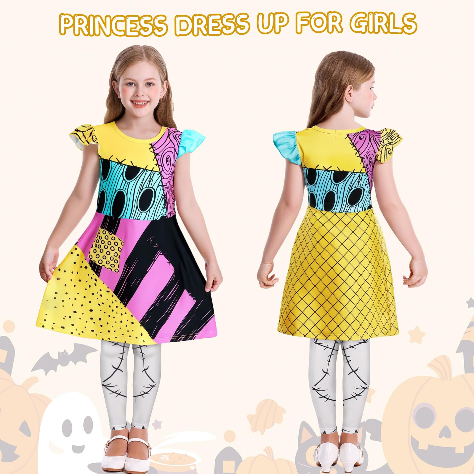 Berich Sally Costume Set for Girls Fancy Dress Halloween Costume World Book Day Clothing Christmas Gifts Kids Theme Party Cosplay Outfit Princess Dress 3-4 Years(Yellow,110) - Image 4