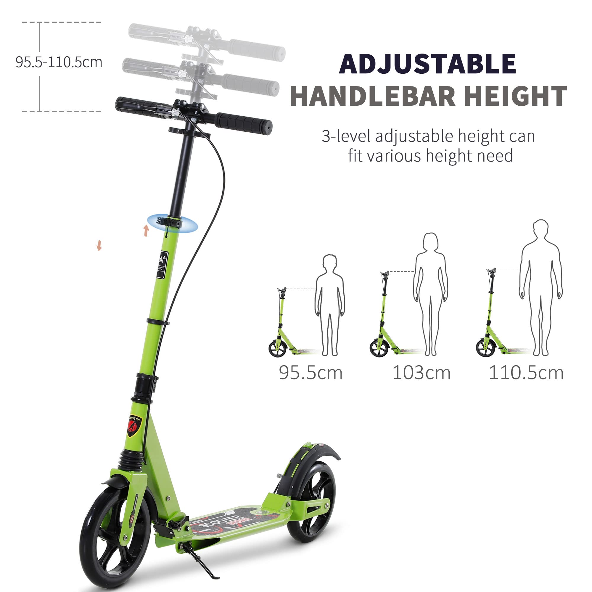 HOMCOM Patinete plegable de 2 ruedas para más de 14 adolescentes y adultos, color verde | Sistema de freno doble, suspensión doble, ruedas grandes de 230 mm, 3 manillares ajustables, hasta 100 kg