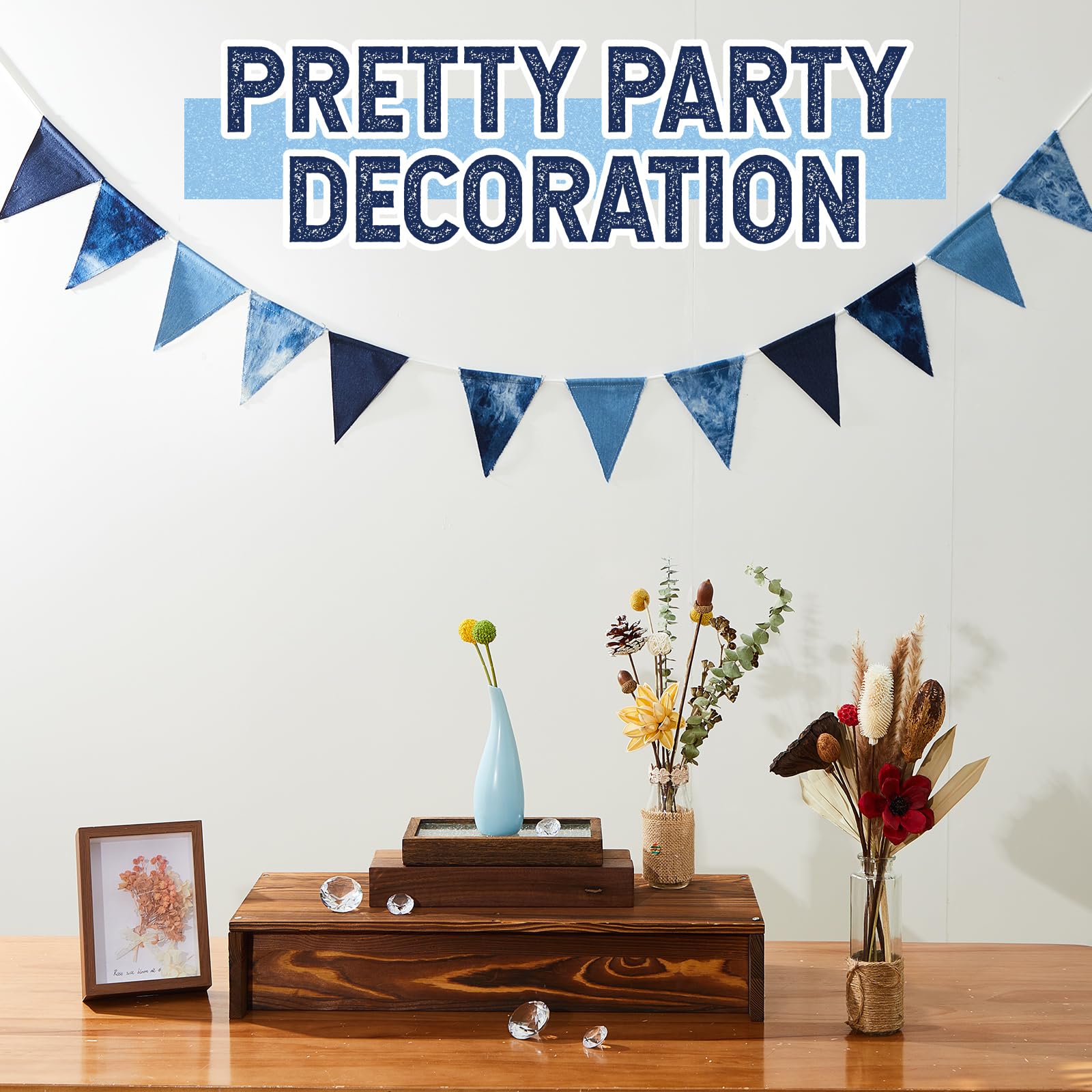 Breling 1 banderín azul de tela de lino real, guirnalda triangular para decoración de cumpleaños y boda, fiesta de cumpleaños