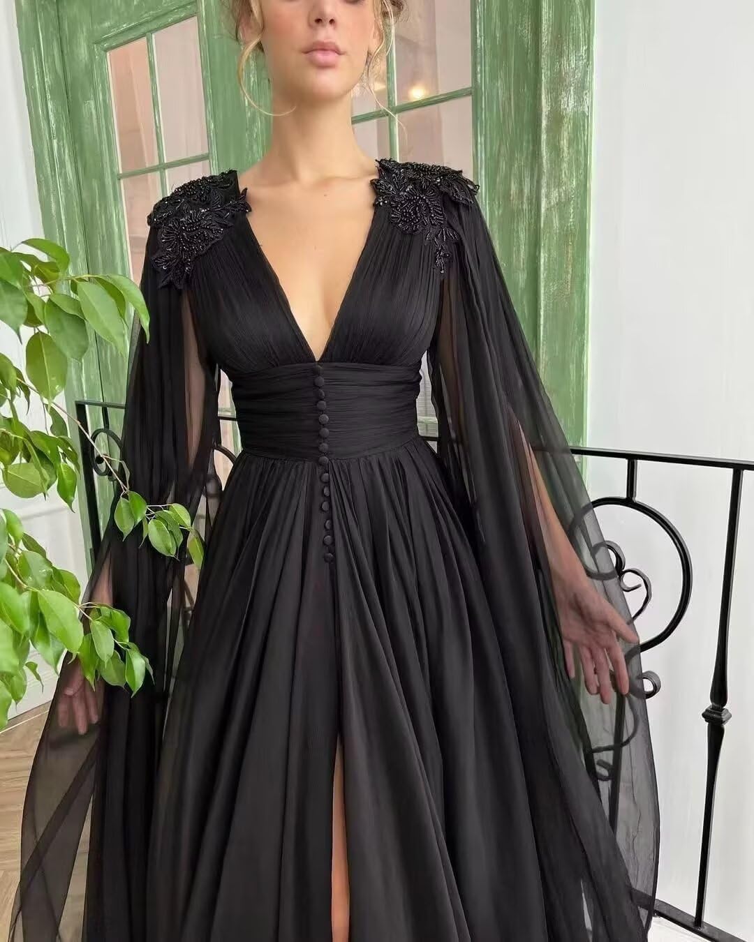 Chiffon Prom Dresses with Cape V Neck Formal Dress with Slit Lace Applique Evening Party Gown - Image 4