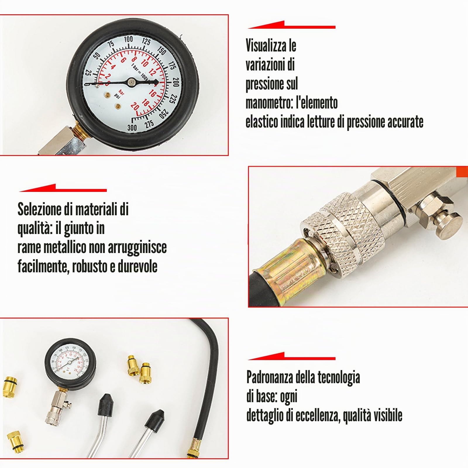 Kit Tester di Compressione per Auto: Set di 4 Adattatori e Valigia, Misuratore di Compressione Motore a Benzina 0-20 Bar o 0-300 PSI, per Camion, Moto