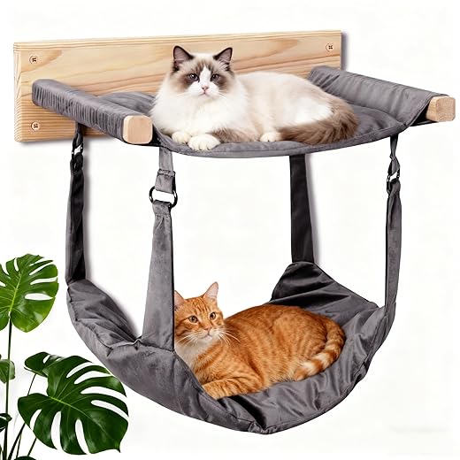 JSPYFITS Wooden Cat Wall Hammock, 18.9 x 12.6 Inch Double Layer Cat Furniture Hammock, Large Removable Multi-Function Cats Bed for Sleep/Play/Climb/Lounge Easy DIY Installation(Grey)