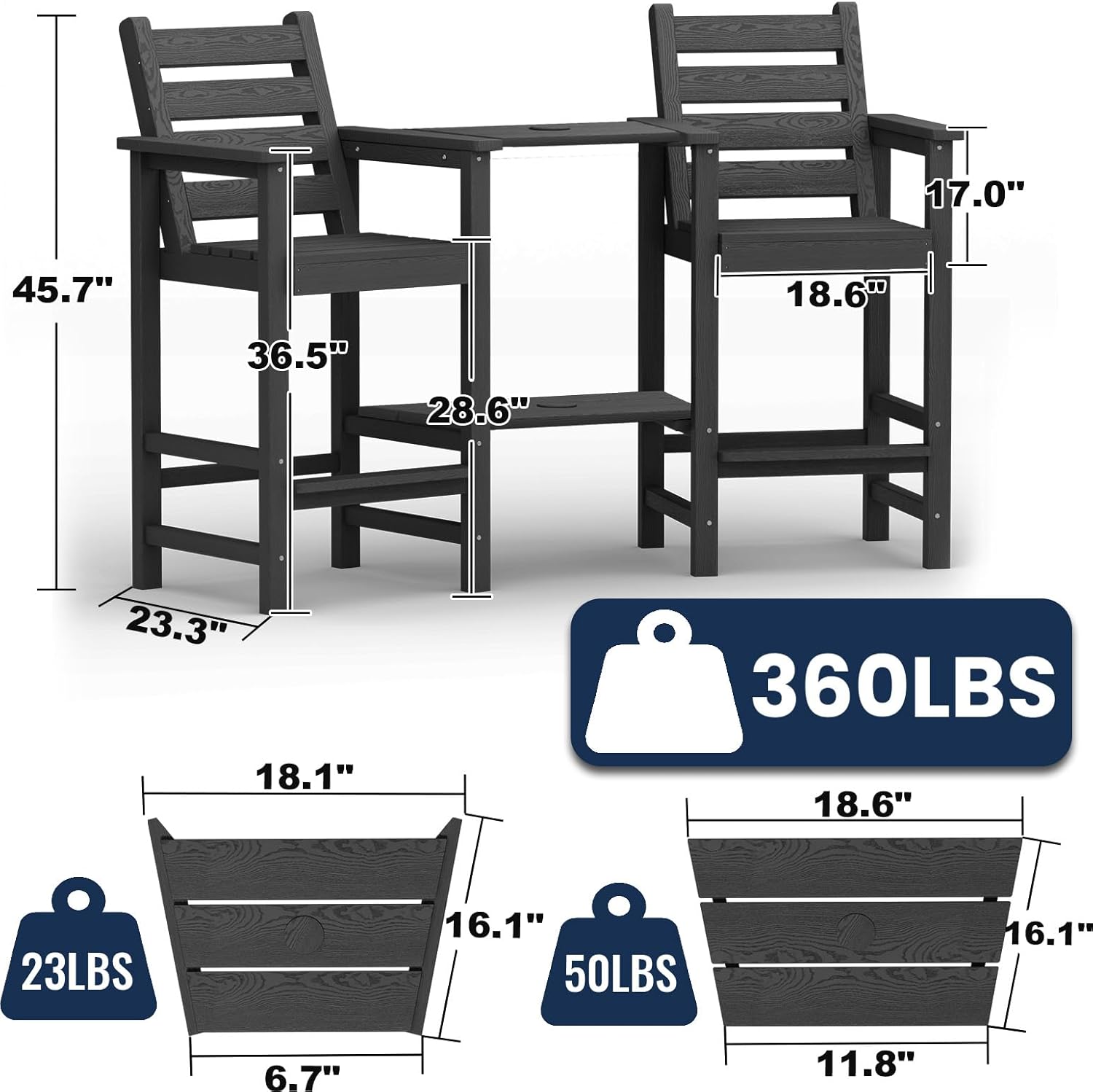 PLUUV Tall Adirondack Chairs Set of 2, All Weather HDPE Poly Bar Height Balcony Adirondack Chair with Removable Double Connecting Trays, Outdoor Adirondack Barstools for Deck, Patio, Yard, Pool, Lawn