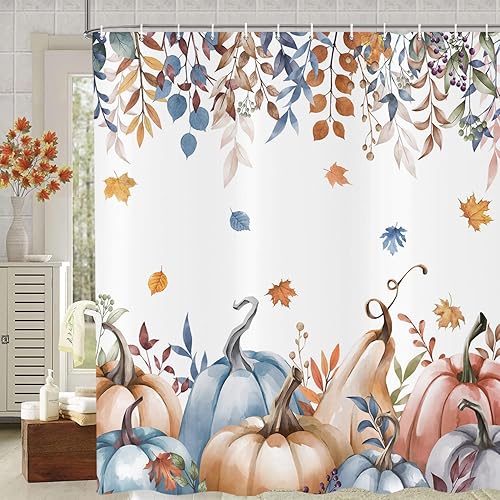 deFouliao Autumn Leaves Shower Curtain Watercolor Fall Harvest Thanksgiving Pump