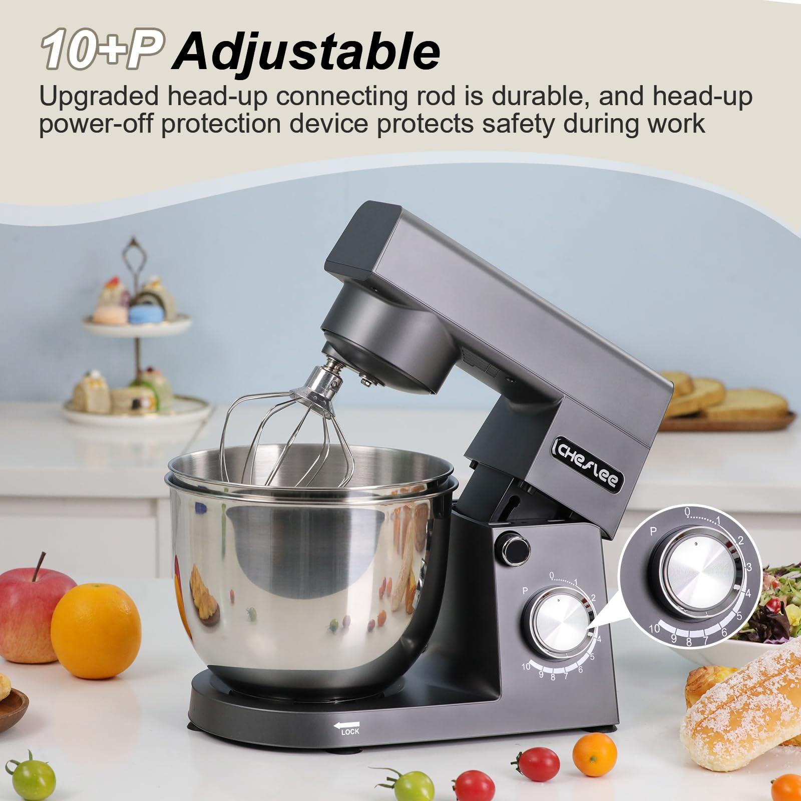 CHeflee Küchenmaschine 1500W Teigkneter mit 4,5 und 5,5L Edelstahlschüssel,10+P Geschwindigkeit Küchenmixer mit Rührhaken, Knethaken, Schneebesen und Spritzschutz （Dunkelgrau）