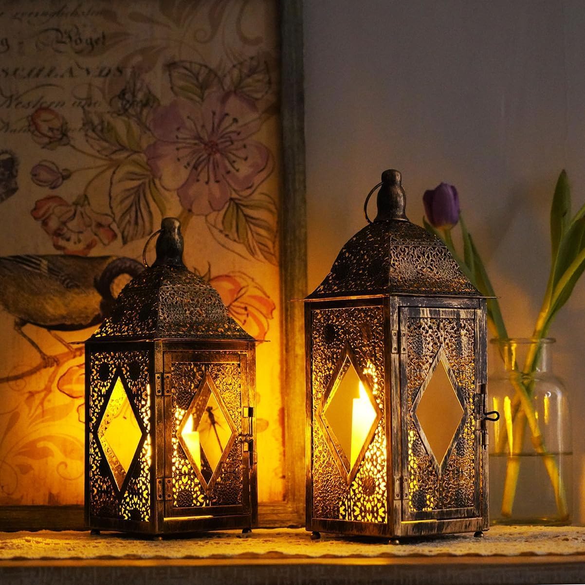 2 Pack Moroccan Lantern Lamp Decorative Candle Holders for Ramadan Decorations, Hanging, Outdoor Patio or Porch, Indoor Home Decor
