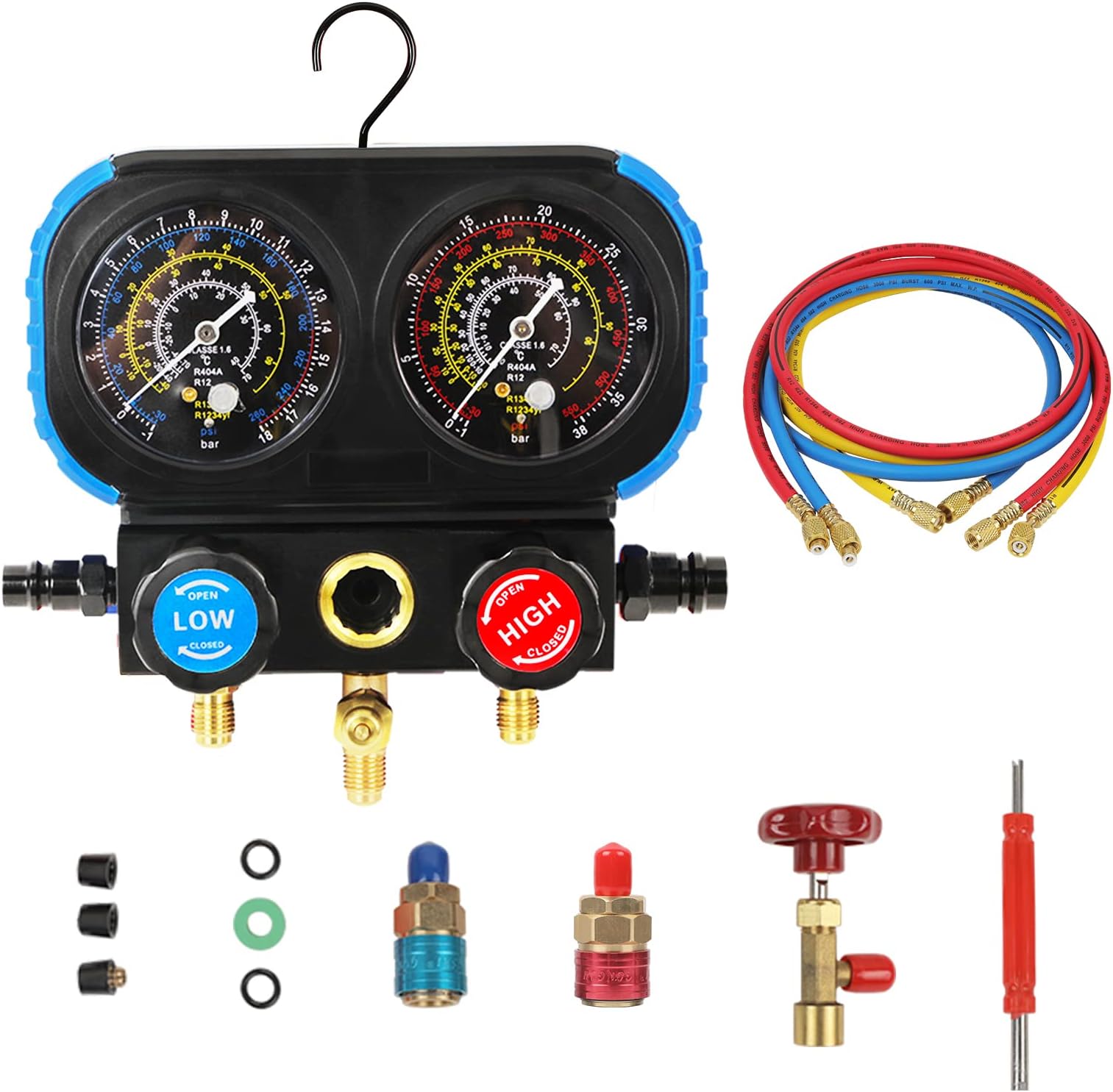 KAISAL 3 Way AC Manifold Gauge Set for Freon Charging, Fits R1234YF R404A R12 Refrigerants, Double Dial & 3 Valve Automotive AC Gauges with 5FT Thickened Hoses,Adjustable Couplers and Can Tap