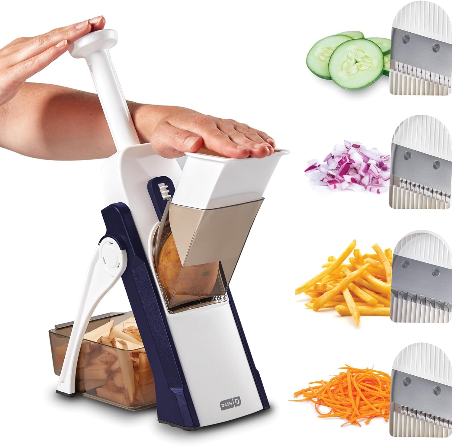 DASH Safe Slice Mandoline Slicer: Safest Adjustable Vegetable Cutter, 30+ Presets, 1-8mm Thickness, Folds Compact - Midnight Navy