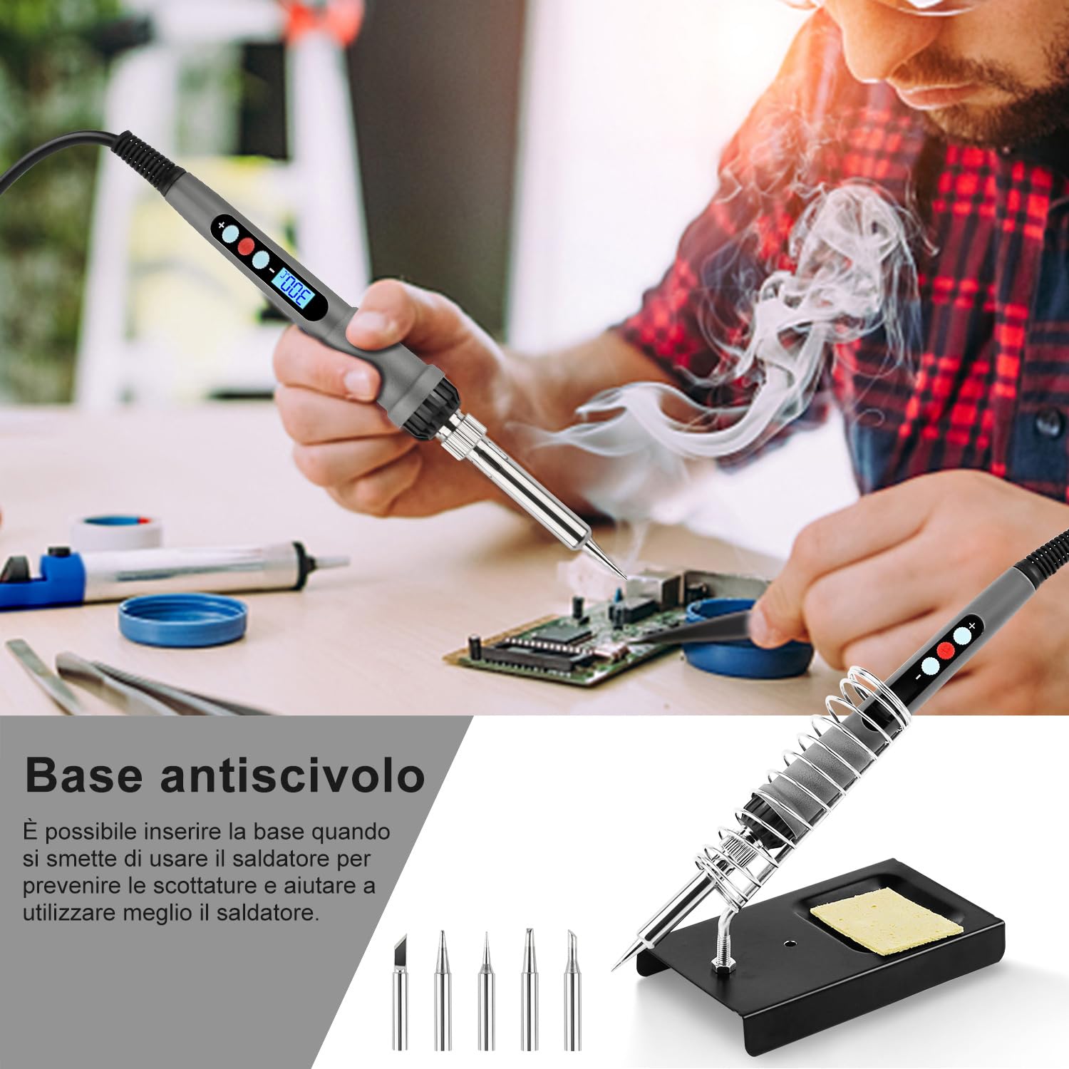 Saldatore a Stagno Professionale Kit 60 W Temperatura Regolabile 180-500 °C Stagnatore Elettrico 19 in 1 con Multimetro Digitale & 5 Punte, Pompa Dissaldante, Pinzette