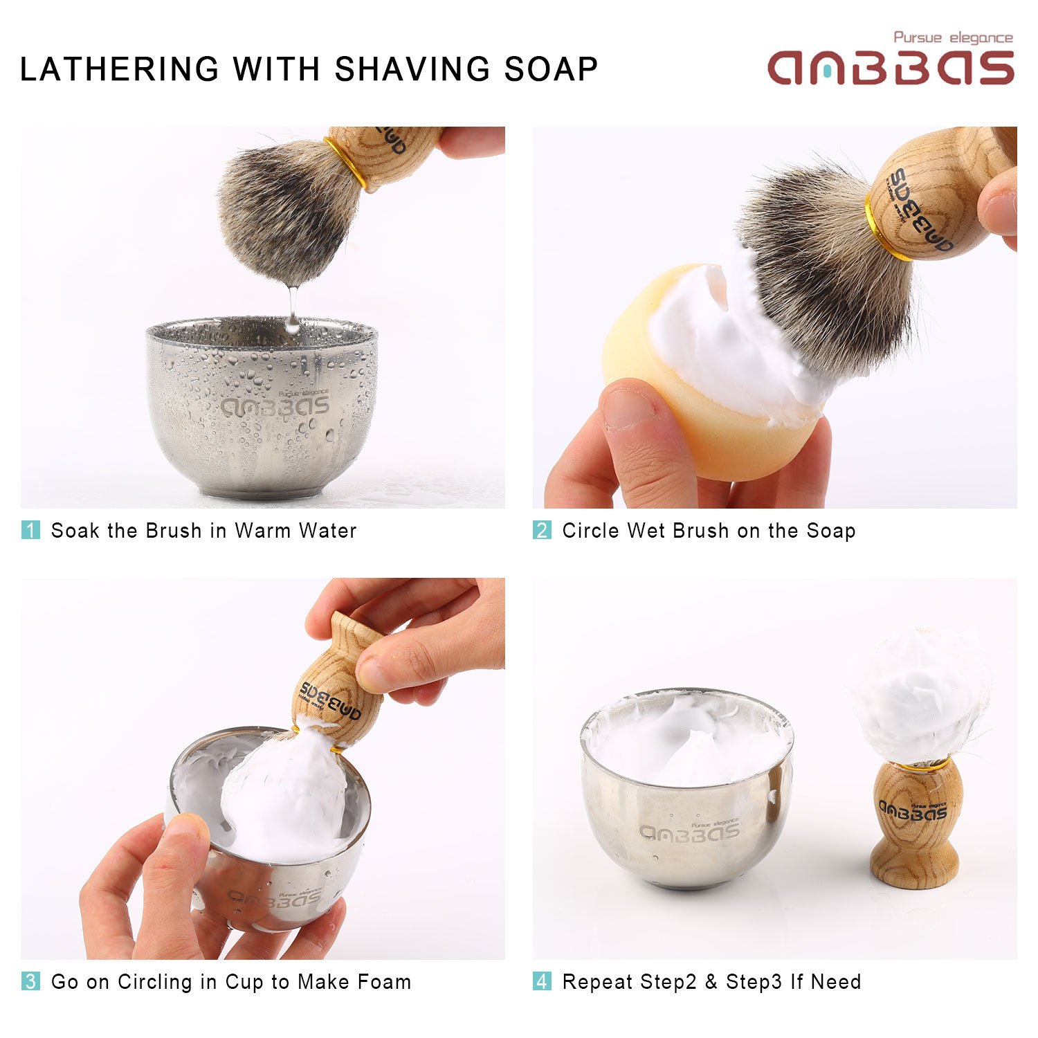 Anbbas Ensemble de Blaireau de Rasage 4en1,avec Support de Rasoir,Bol et Savon pour Rasage Traditionnel Homme