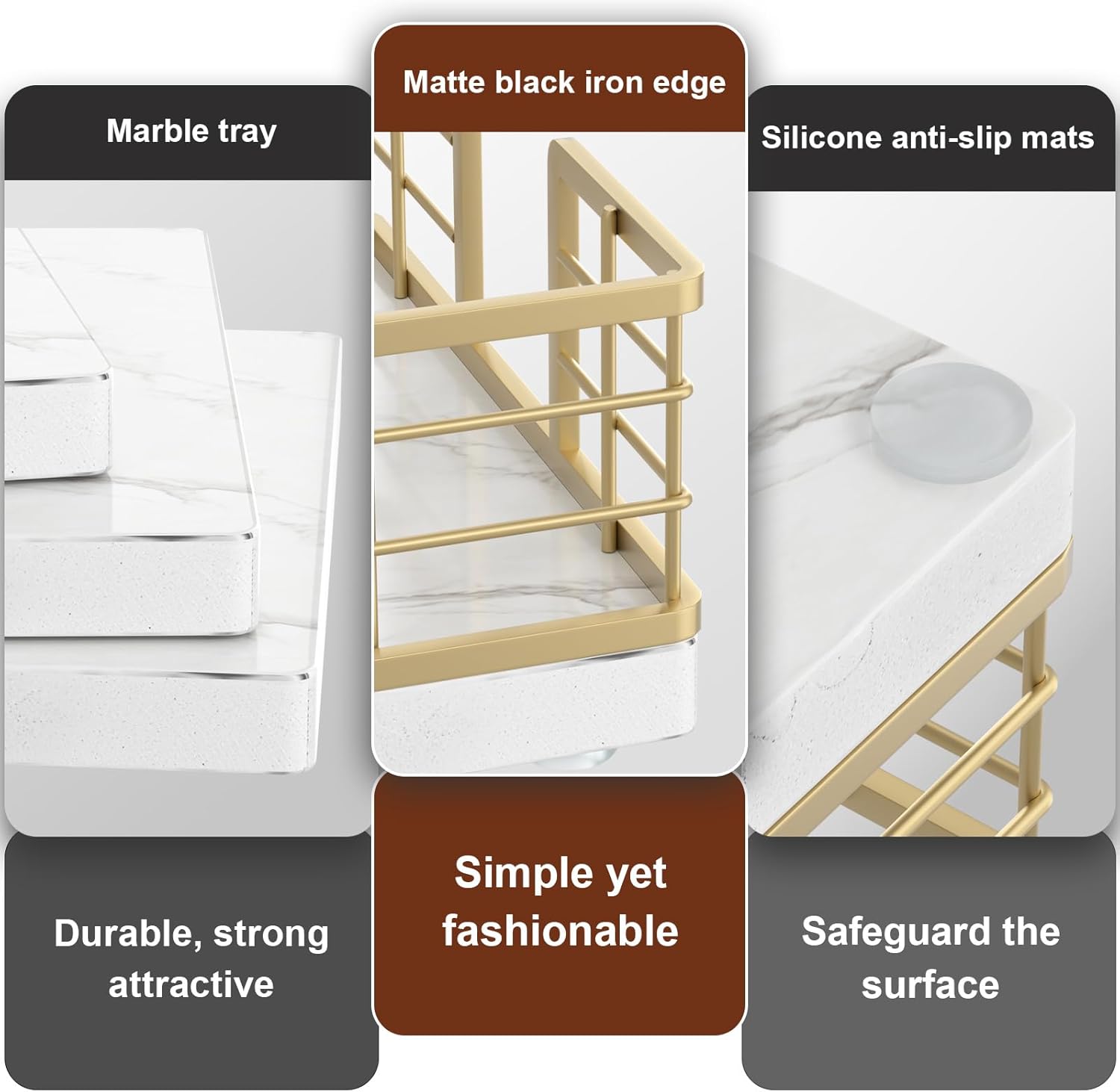 Wican Marble Guest Towel Holder Tray for Bathroom, Napkins Holder for Powder Room Dinning Table Wooden Basket for Disposable Paper Hand Towels Gold and Marble White - Image 4