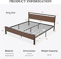 Vista 2 de SHA CERLIN Base de cama de plataforma de metal tamaño King de 14 pulgadas con cabecero y piecero de madera, base de colchón, no necesita somier