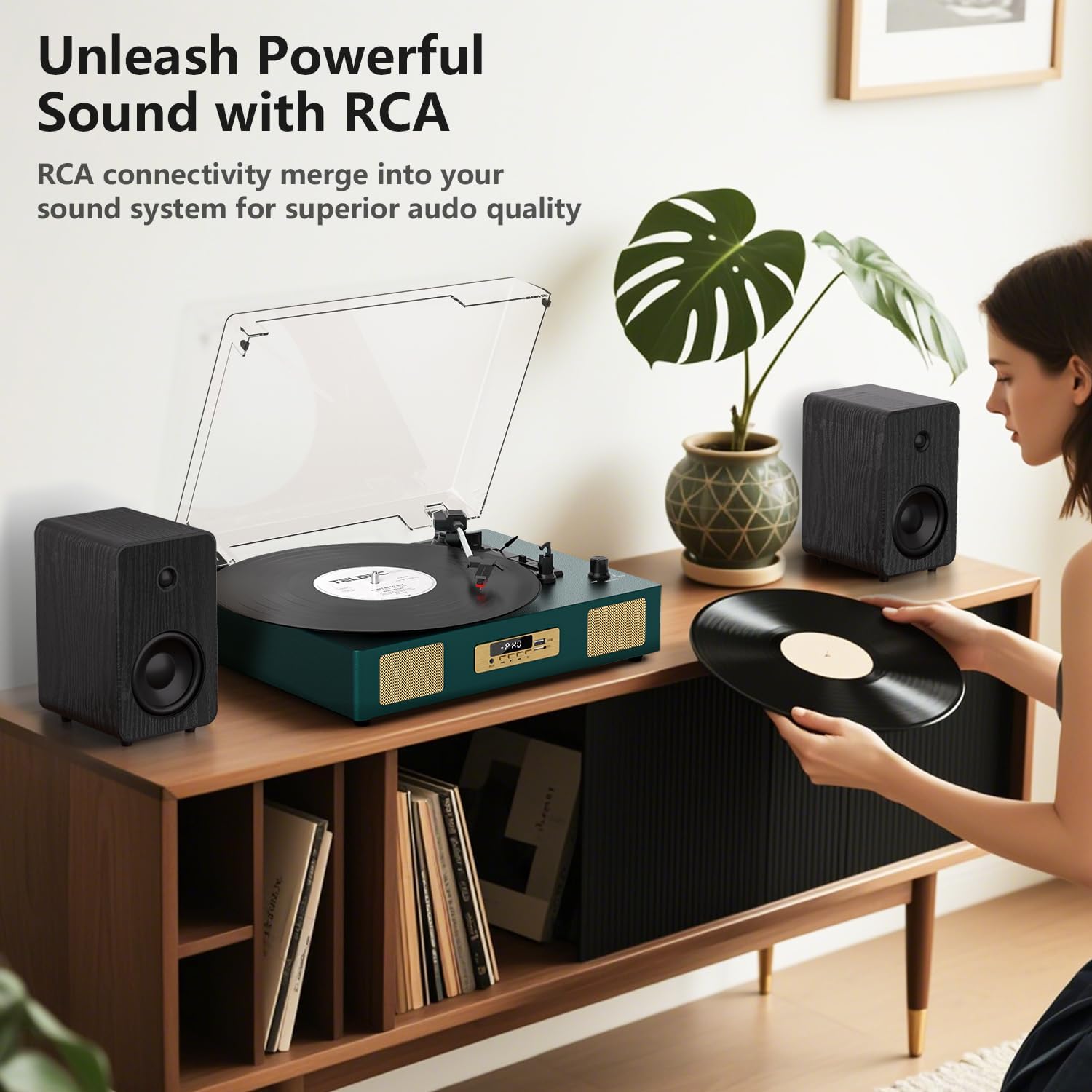 aoriana view of DANFI AUDIO DF TE-2017 Vinyl Record Player showing RCA output connected to external speakers