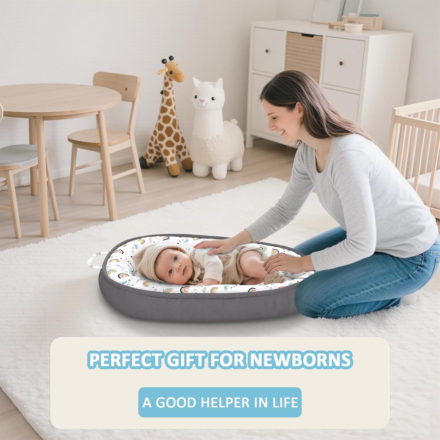 Baby Lounger - 100% Cotton Baby Lounger for Newborn with Lounger Cover, Portable Baby Nest for Home and Travel, Waterproof Lining, Newborn Babies Essentials Gifts